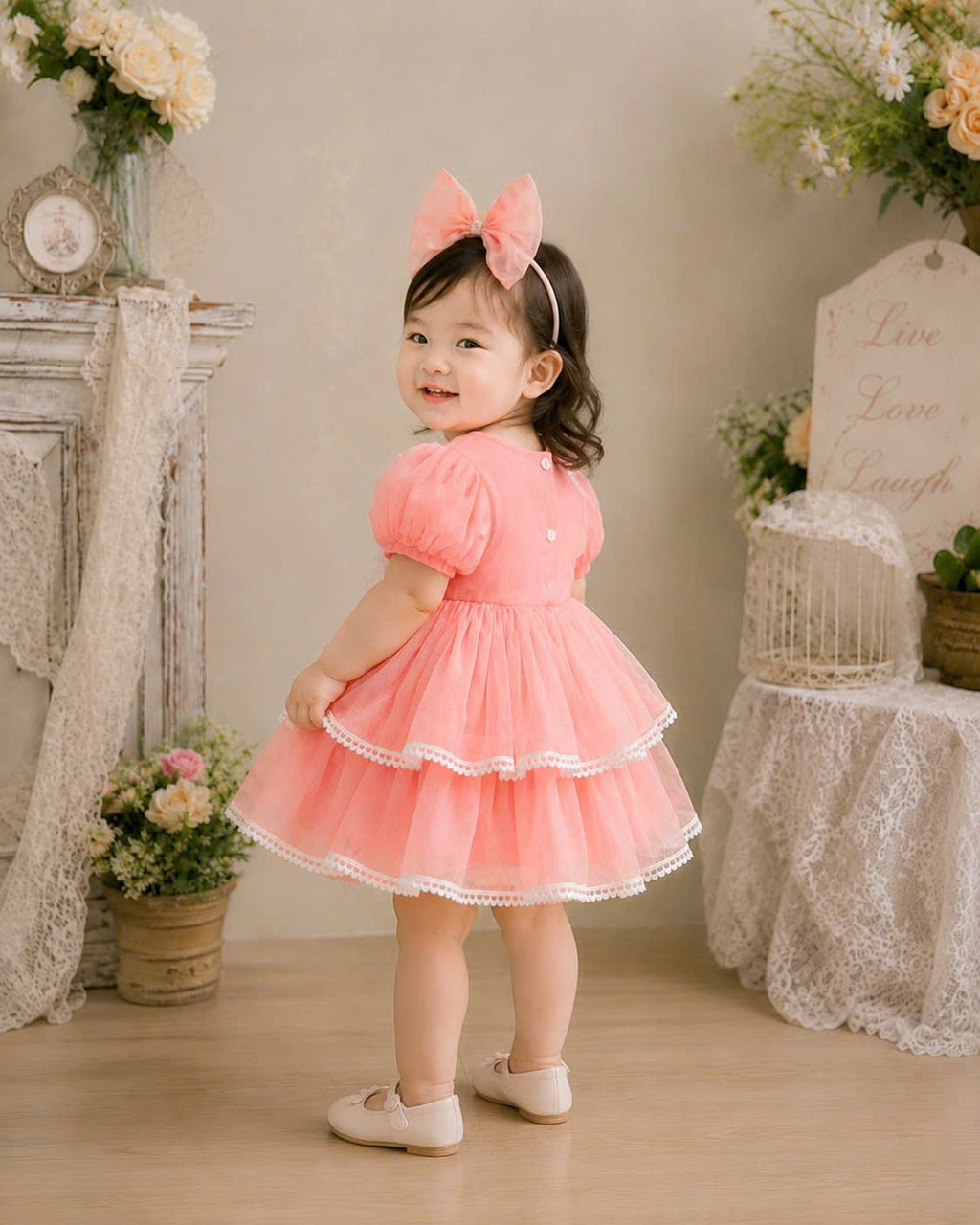 Petal Whimsy Dress 3M-2Y | Ruffle Lace Baby Dress | Beige & Pink Photoshoot Outfit
