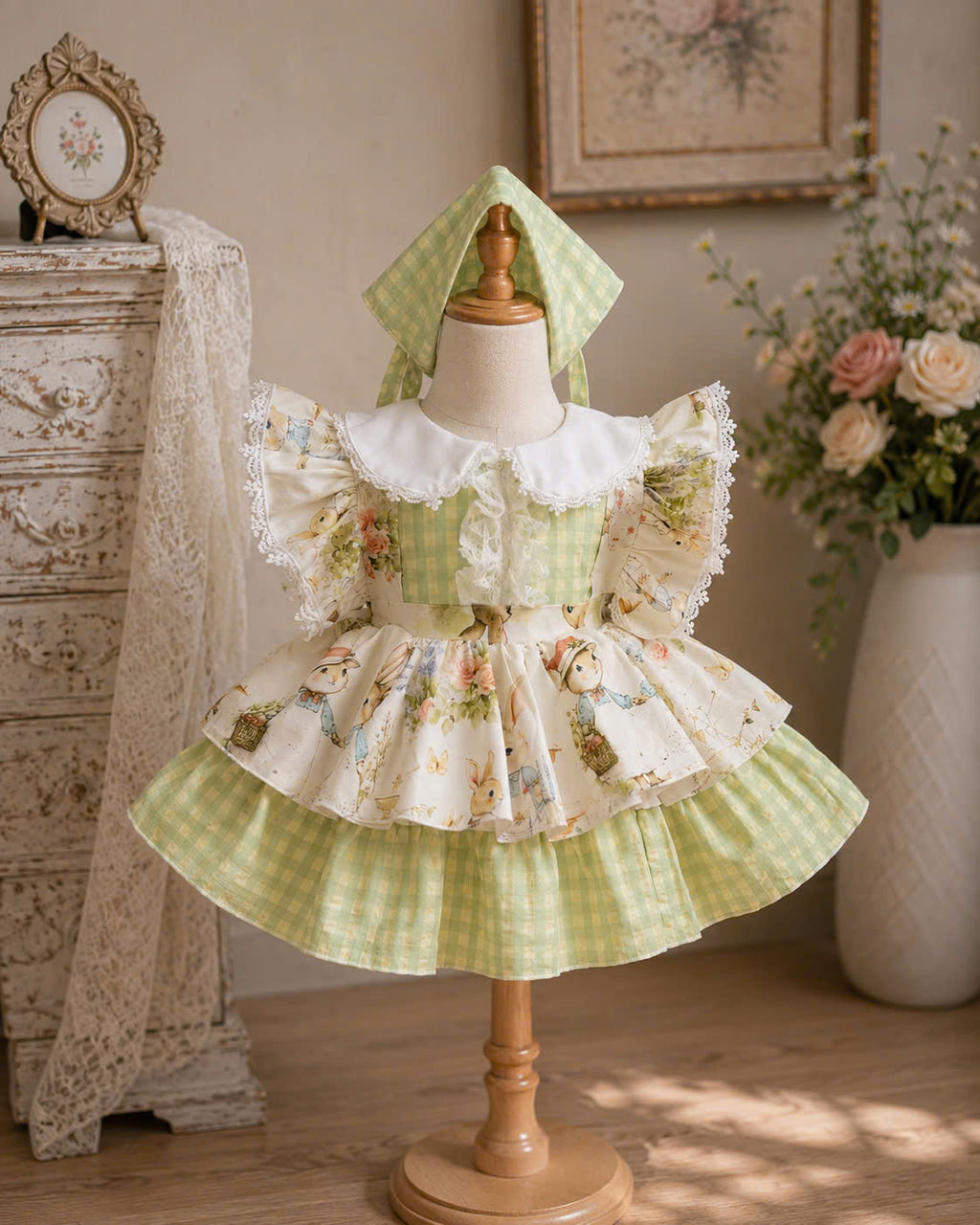 Bunny Garden Lolita Dress 3M-3Y | Green Gingham Baby Dress with Headscarf | Easter & Photoshoot Outfit