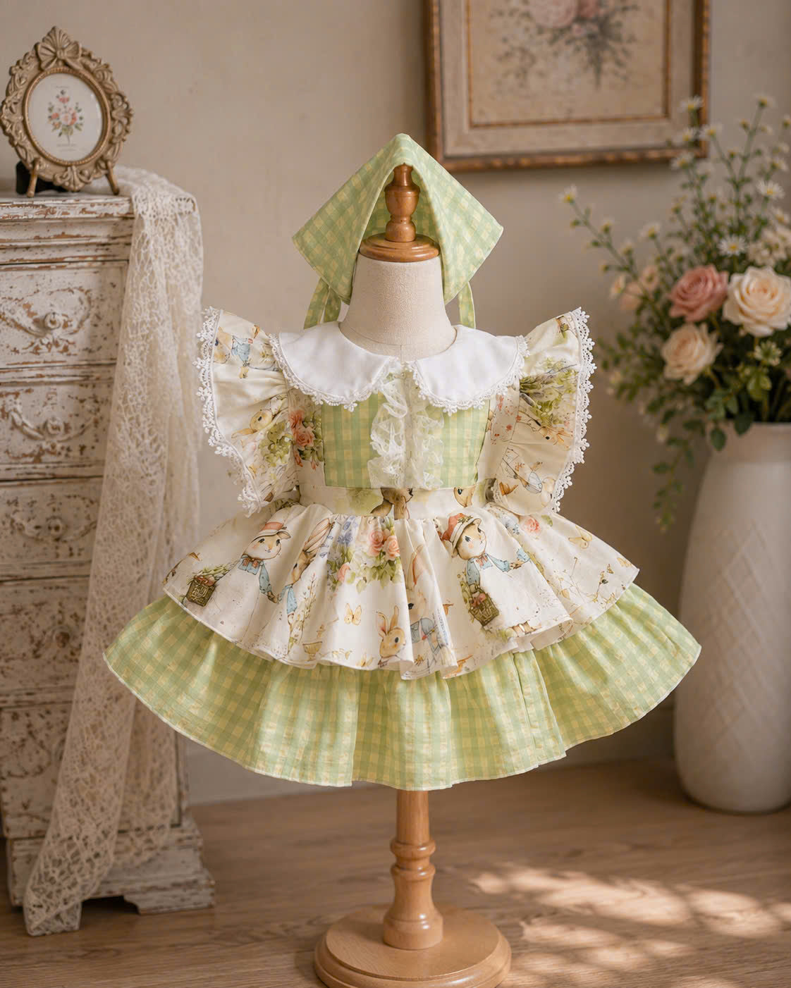 Bunny Garden Lolita Dress 3M-3Y | Green Gingham Baby Dress with Headscarf | Easter & Photoshoot Outfit