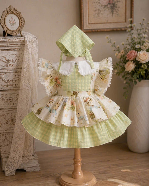 Bunny Garden Lolita Dress 3M-3Y | Green Gingham Baby Dress with Headscarf | Easter & Photoshoot Outfit