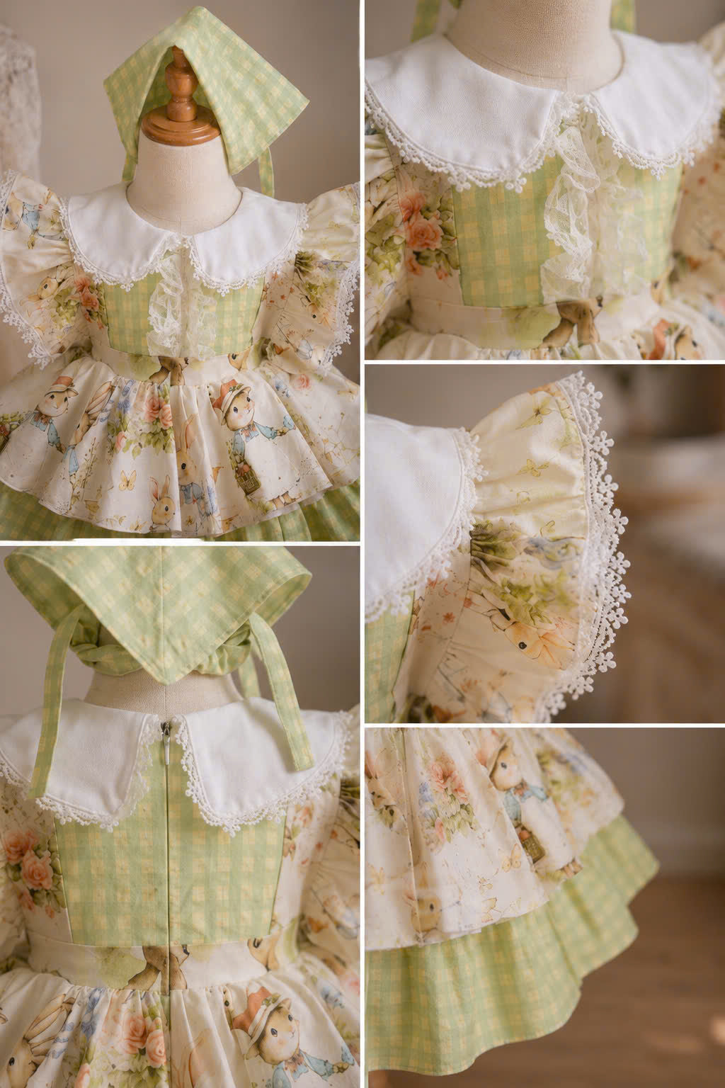 Bunny Garden Lolita Dress 3M-3Y | Green Gingham Baby Dress with Headscarf | Easter & Photoshoot Outfit