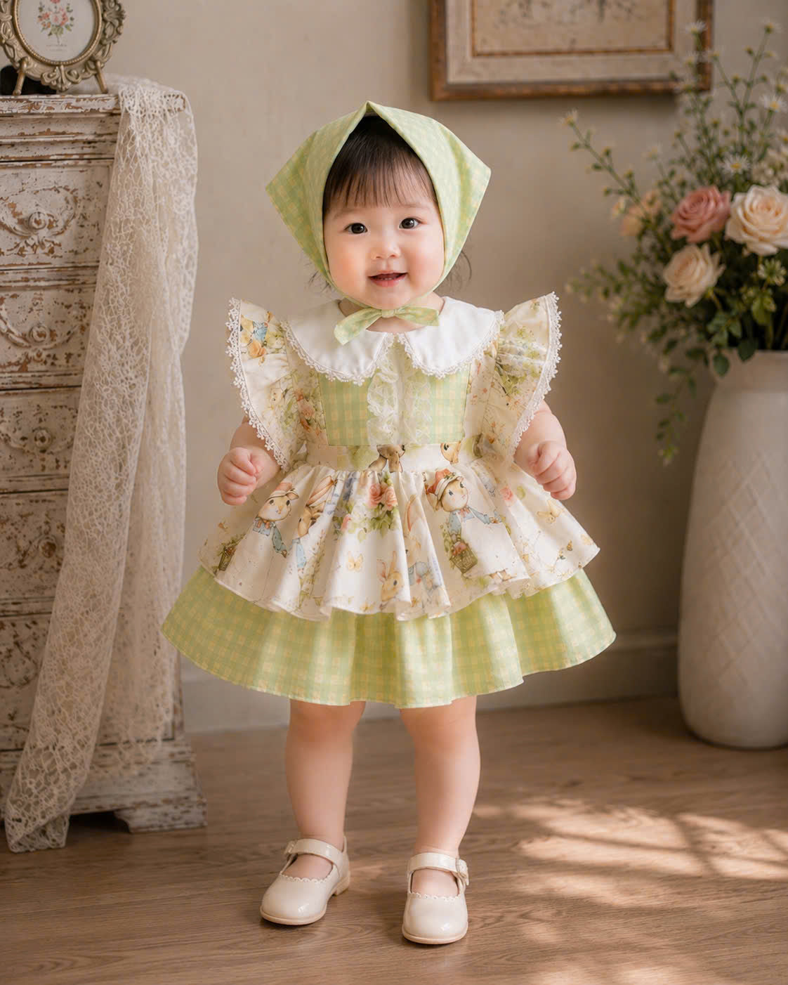 Bunny Garden Lolita Dress 3M-3Y | Green Gingham Baby Dress with Headscarf | Easter & Photoshoot Outfit