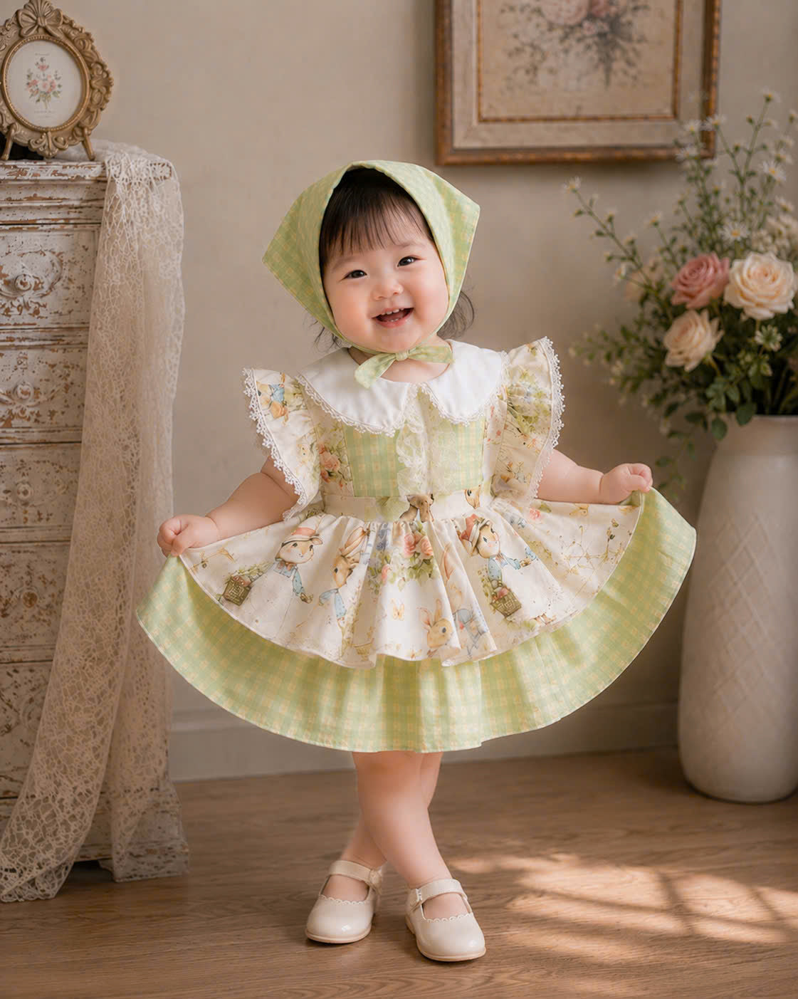 Bunny Garden Lolita Dress 3M-3Y | Green Gingham Baby Dress with Headscarf | Easter & Photoshoot Outfit
