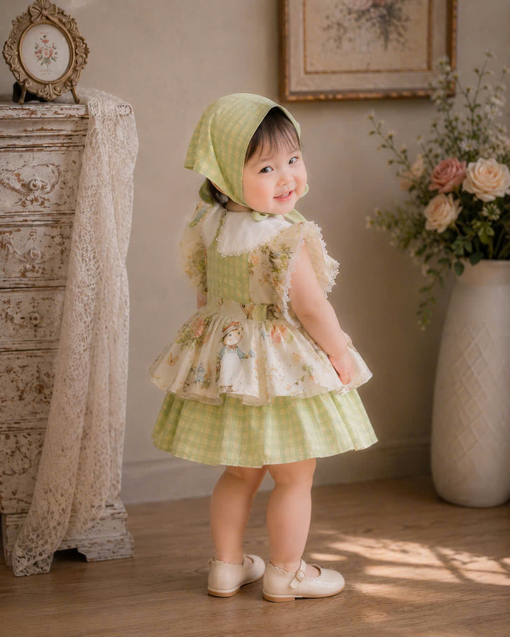 Bunny Garden Lolita Dress 3M-3Y | Green Gingham Baby Dress with Headscarf | Easter & Photoshoot Outfit