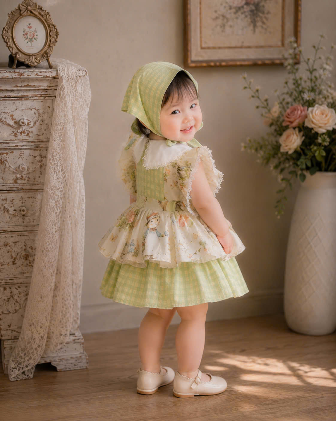 Bunny Garden Lolita Dress 3M-3Y | Green Gingham Baby Dress with Headscarf | Easter & Photoshoot Outfit