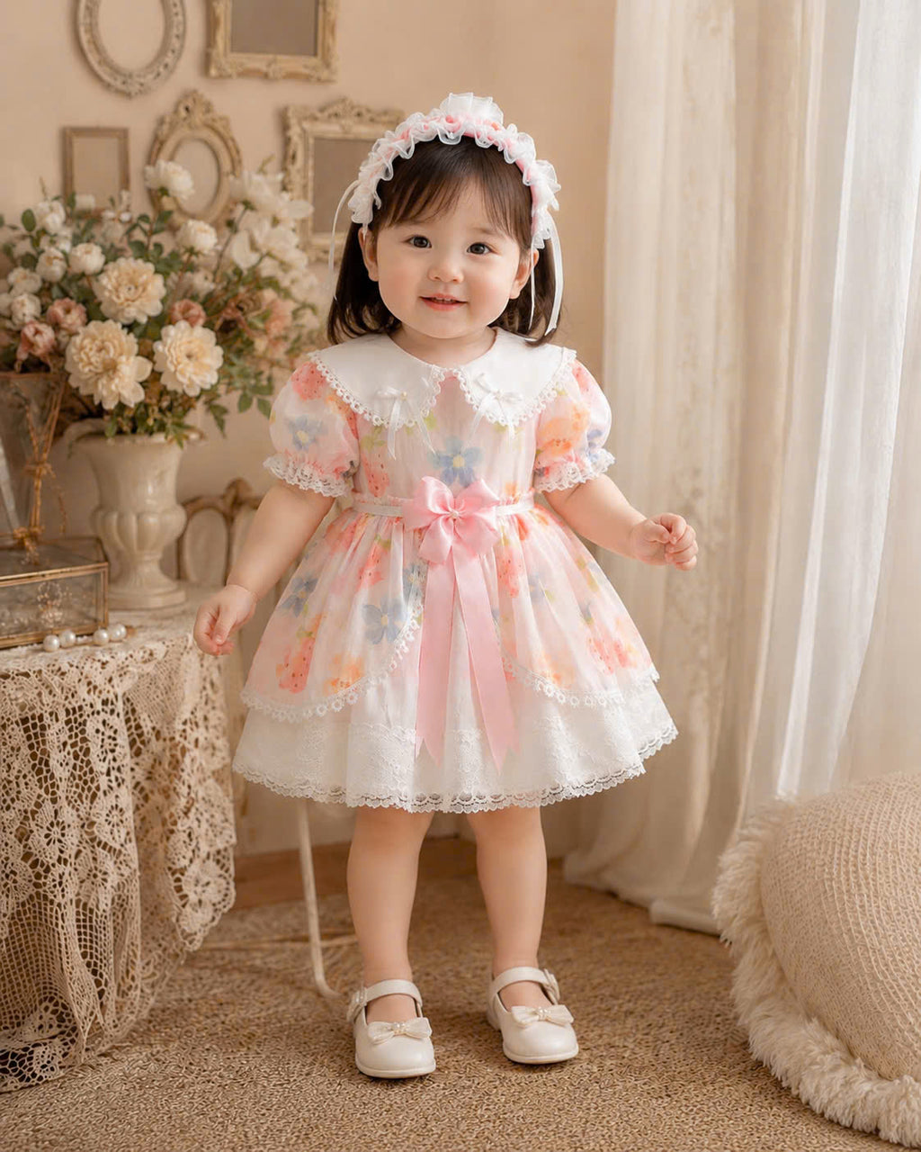 Strawberry Bear Lolita Dress 6M-3Y | Floral Baby Dress with Lace Headband | Birthday & Photoshoot Outfit