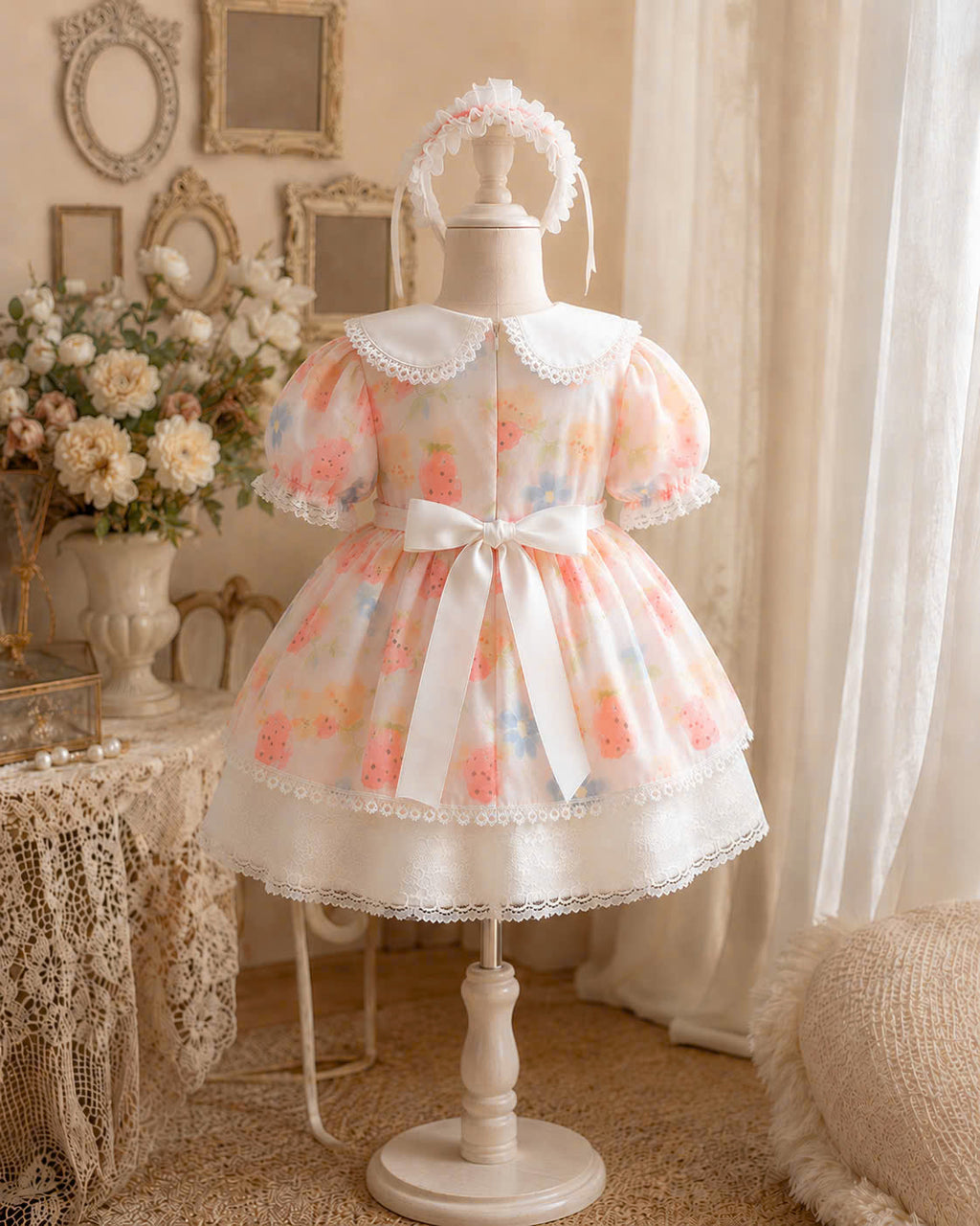 Strawberry Bear Lolita Dress 6M-3Y | Floral Baby Dress with Lace Headband | Birthday & Photoshoot Outfit