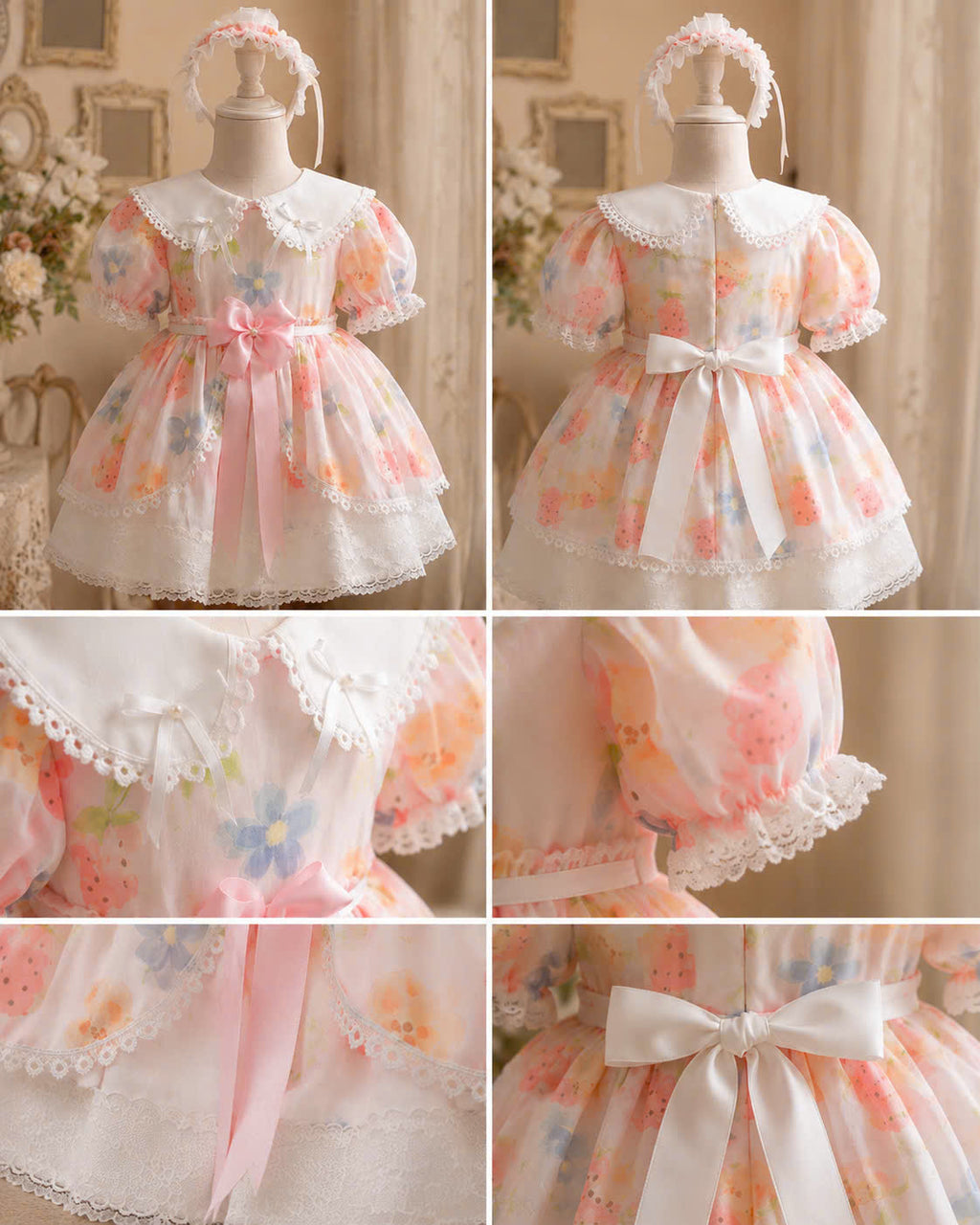 Strawberry Bear Lolita Dress 6M-3Y | Floral Baby Dress with Lace Headband | Birthday & Photoshoot Outfit