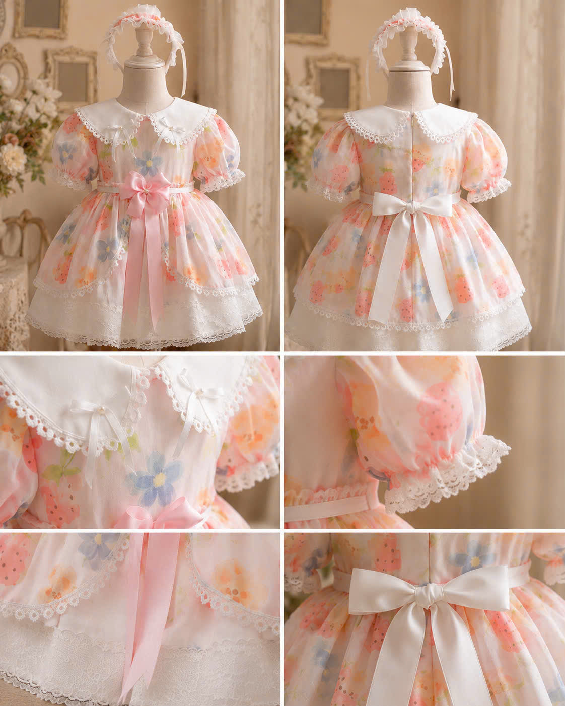 Strawberry Bear Lolita Dress 6M-3Y | Floral Baby Dress with Lace Headband | Birthday & Photoshoot Outfit