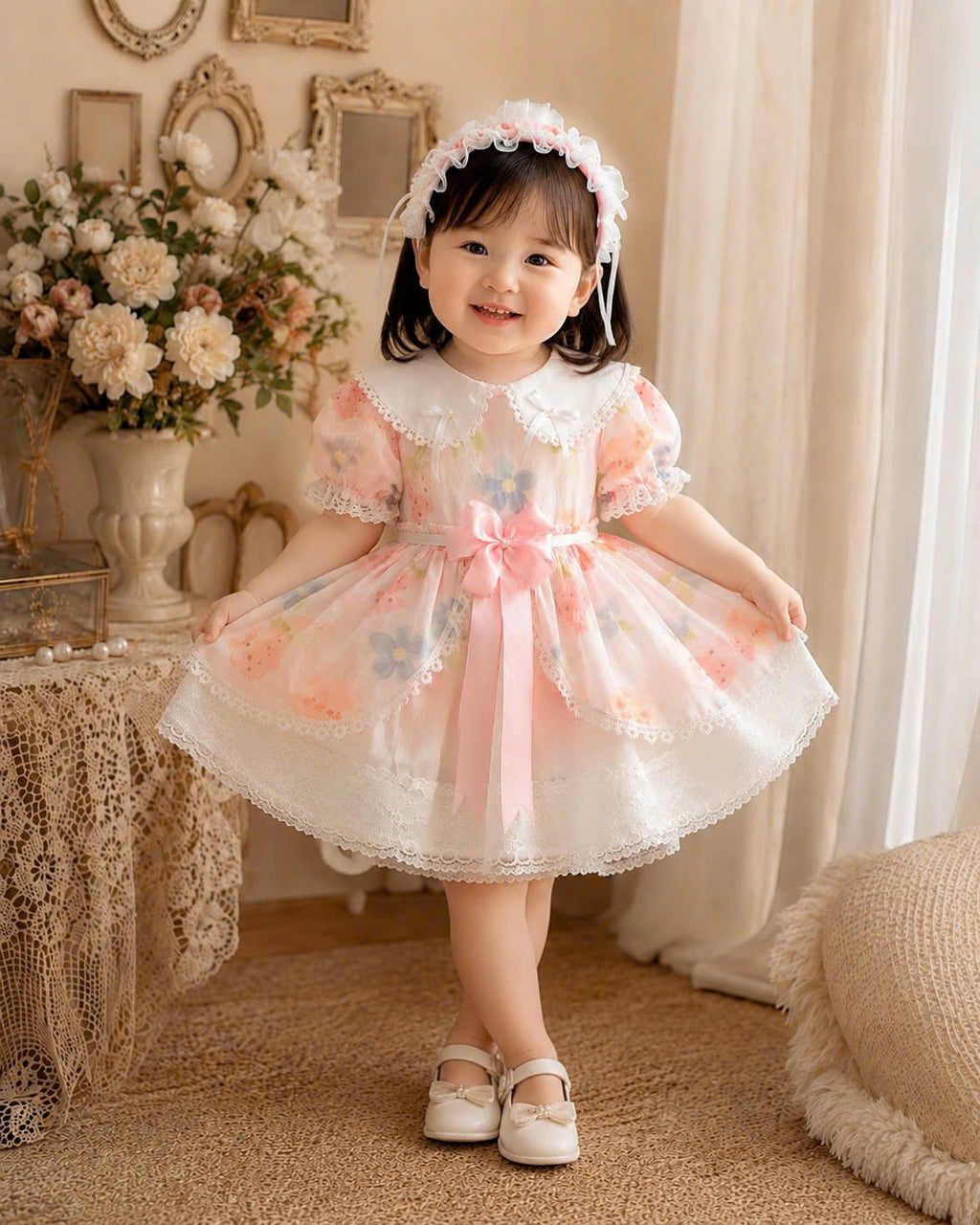 Strawberry Bear Lolita Dress 6M-3Y | Floral Baby Dress with Lace Headband | Birthday & Photoshoot Outfit