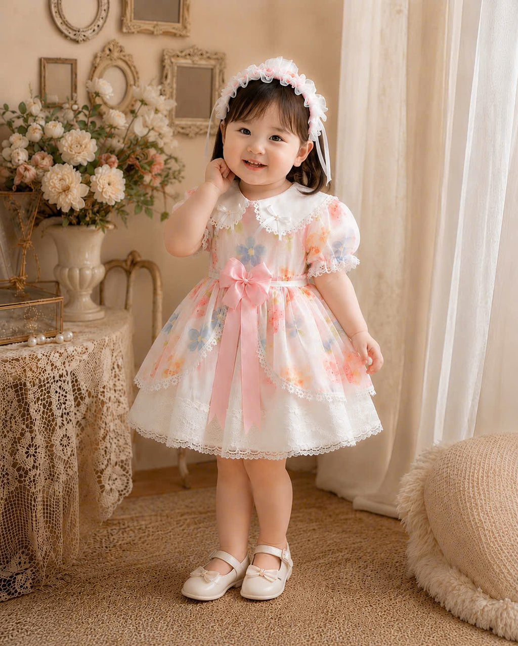 Strawberry Bear Lolita Dress 6M-3Y | Floral Baby Dress with Lace Headband | Birthday & Photoshoot Outfit