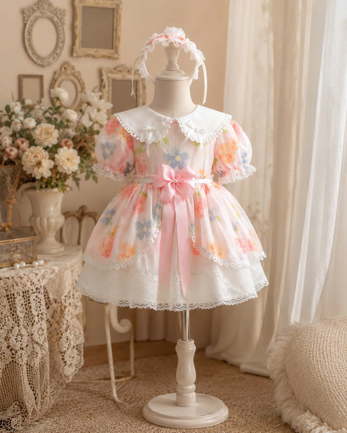 Strawberry Bear Lolita Dress 6M-3Y | Floral Baby Dress with Lace Headband | Birthday & Photoshoot Outfit