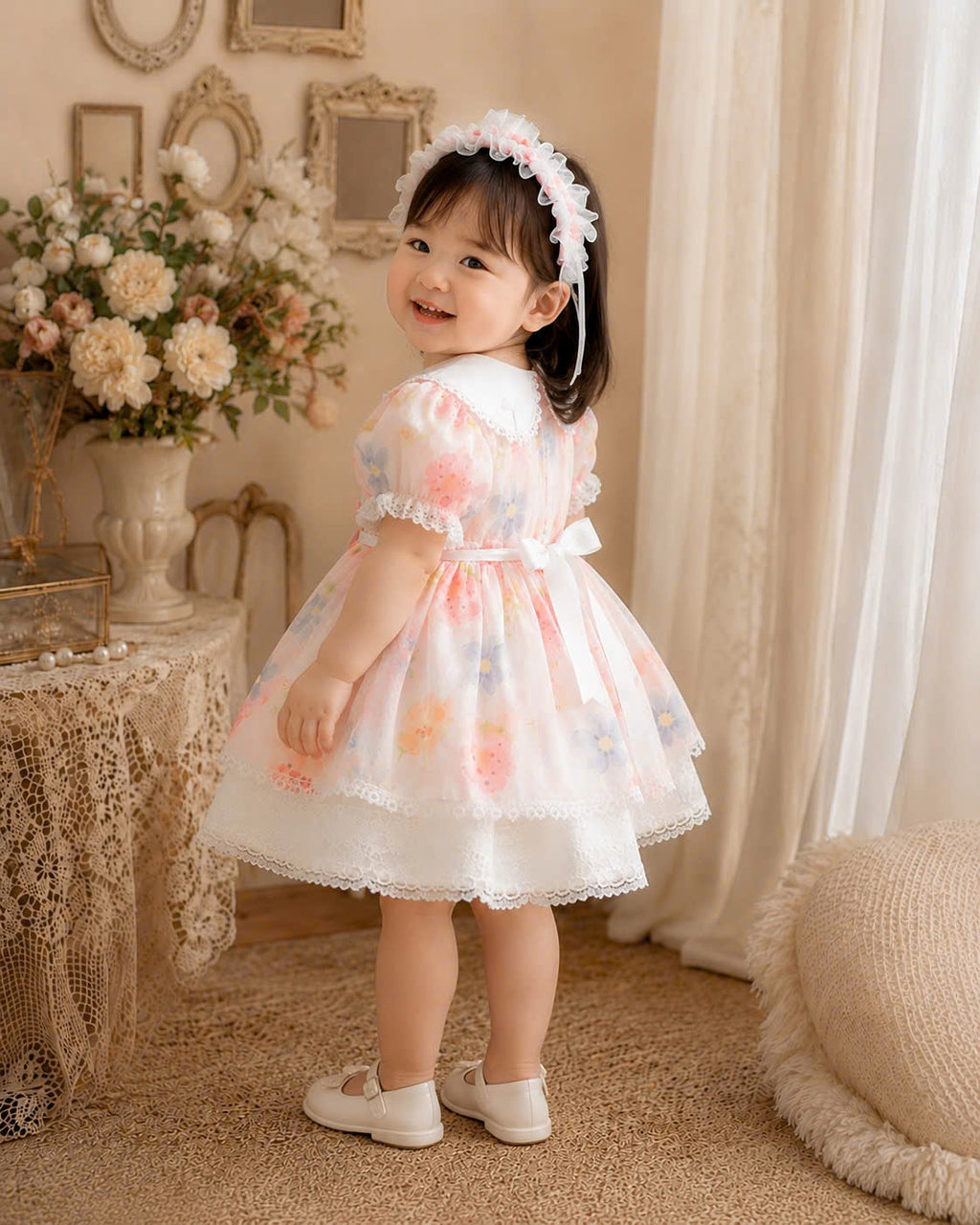 Strawberry Bear Lolita Dress 6M-3Y | Floral Baby Dress with Lace Headband | Birthday & Photoshoot Outfit