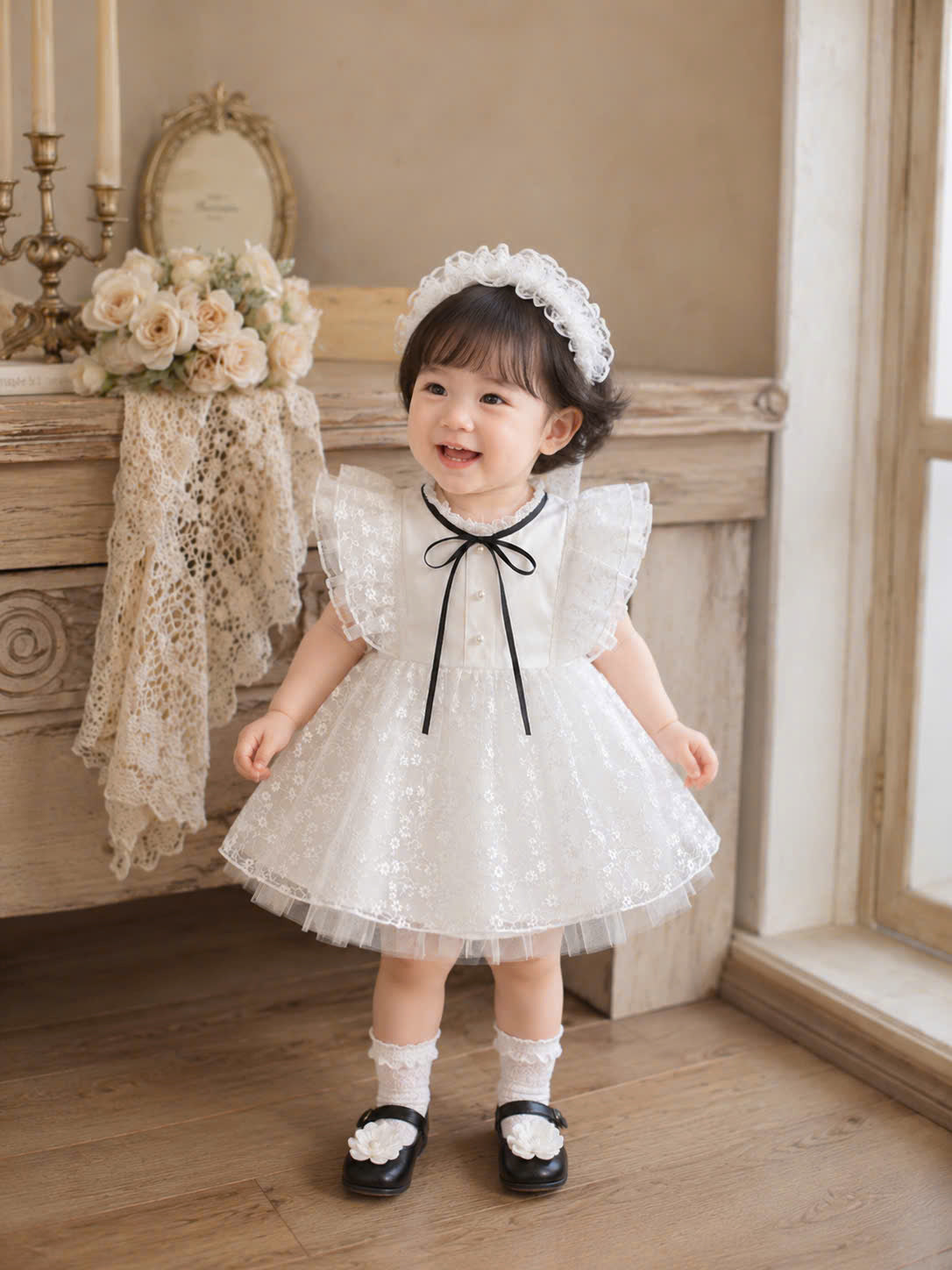 Dreamy White Lace Lolita Set 3M-3Y | Baby Dress with Bloomer & Headband | Birthday & Photoshoot Outfit