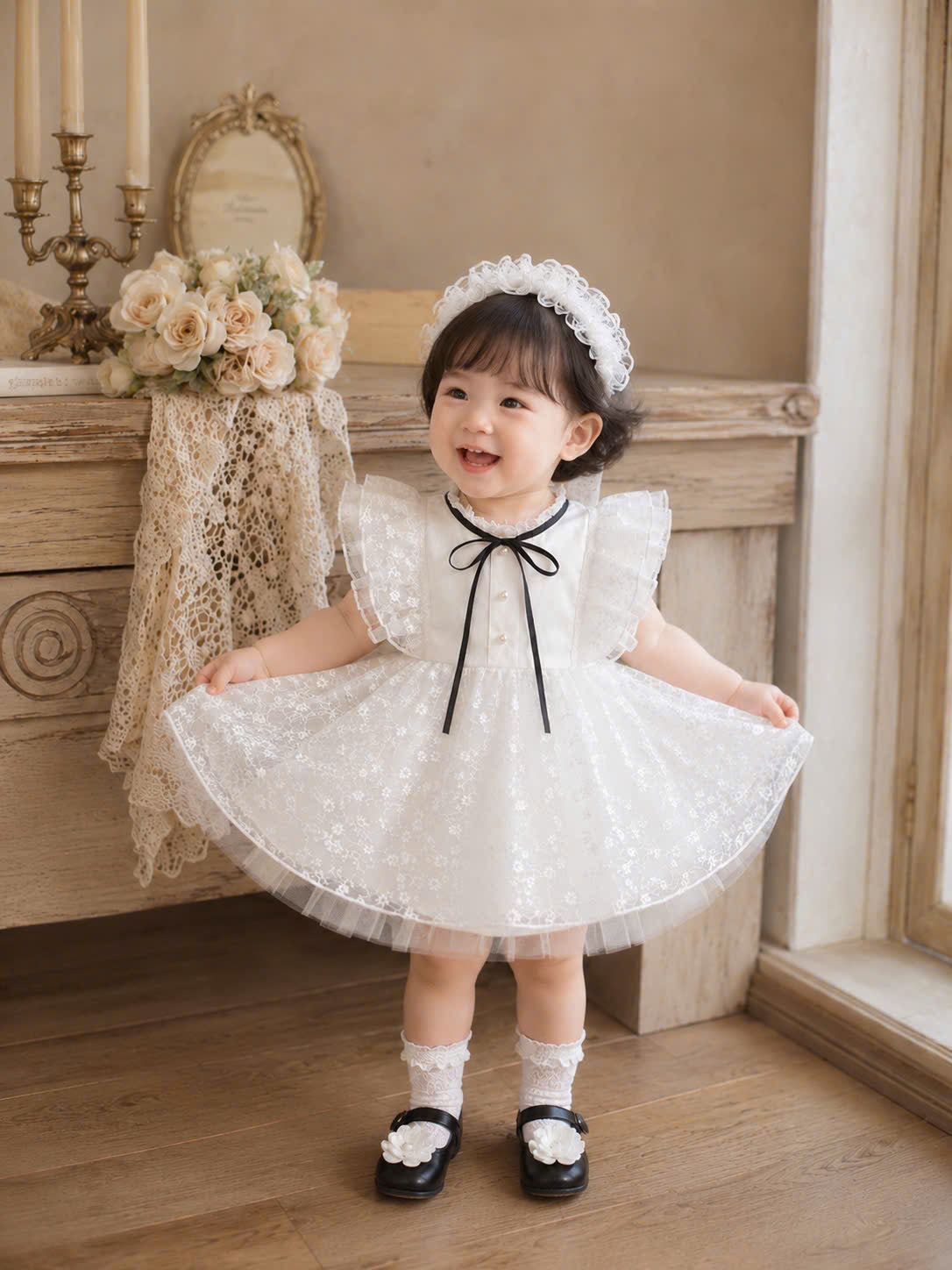 Dreamy White Lace Lolita Set 3M-3Y | Baby Dress with Bloomer & Headband | Birthday & Photoshoot Outfit