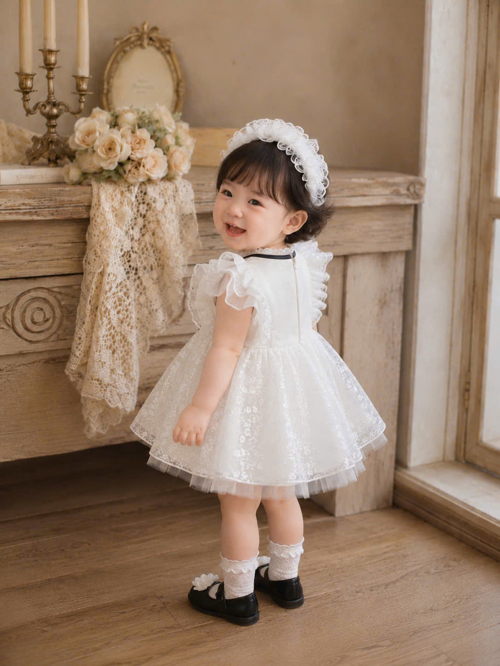 Dreamy White Lace Lolita Set 3M-3Y | Baby Dress with Bloomer & Headband | Birthday & Photoshoot Outfit