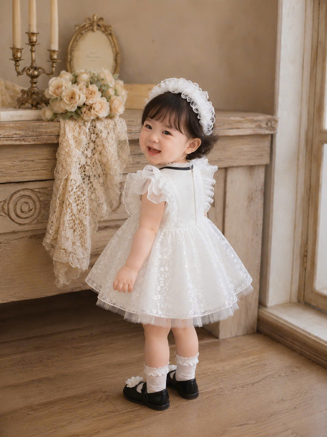 Dreamy White Lace Lolita Set 3M-3Y | Baby Dress with Bloomer & Headband | Birthday & Photoshoot Outfit