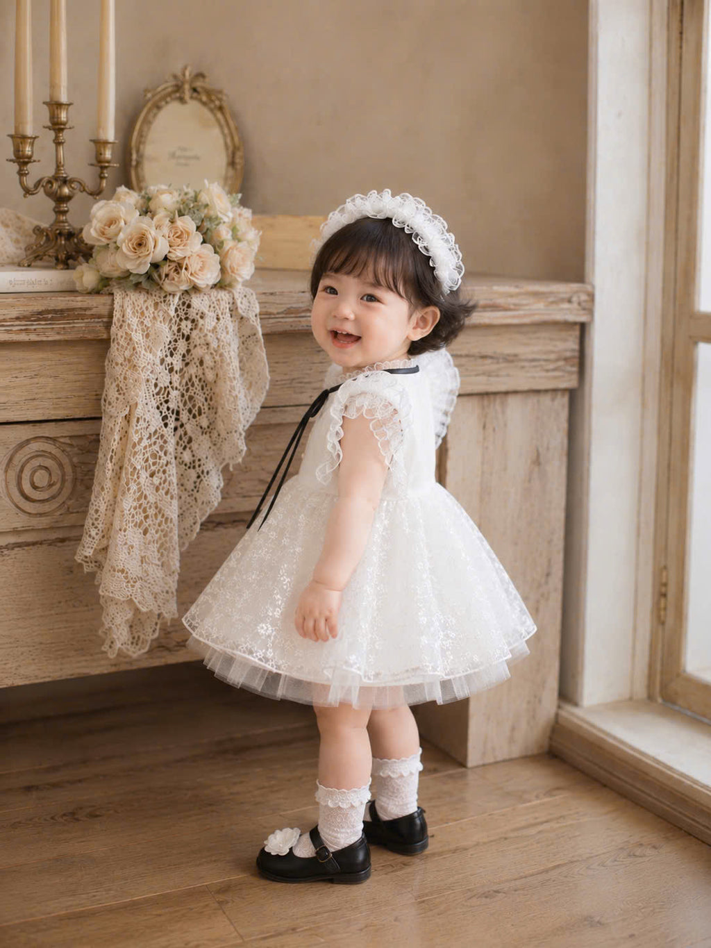 Dreamy White Lace Lolita Set 3M-3Y | Baby Dress with Bloomer & Headband | Birthday & Photoshoot Outfit