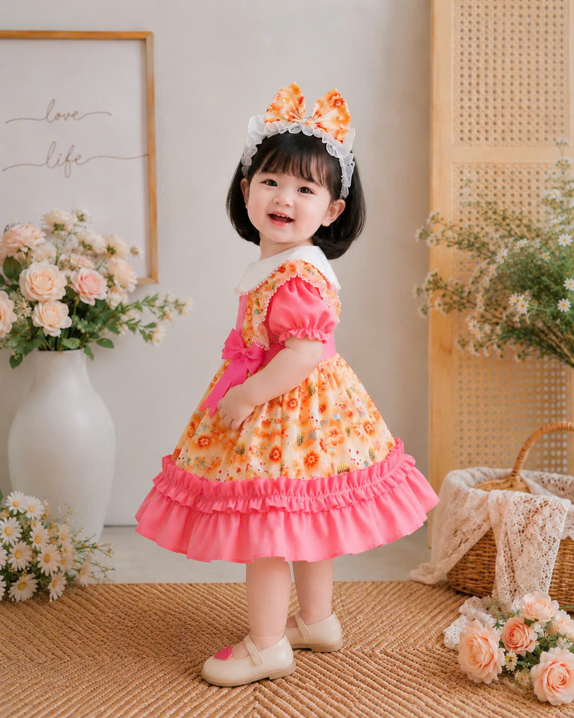 Teddy Bloom Lolita Dress 6M–3Y | Pastel Floral Baby Dress with Headband | Birthday & Photoshoot Outfit