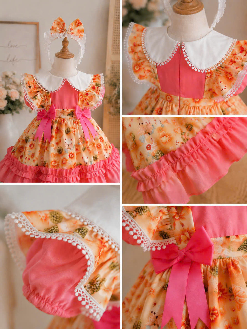 Teddy Bloom Lolita Dress 6M–3Y | Pastel Floral Baby Dress with Headband | Birthday & Photoshoot Outfit