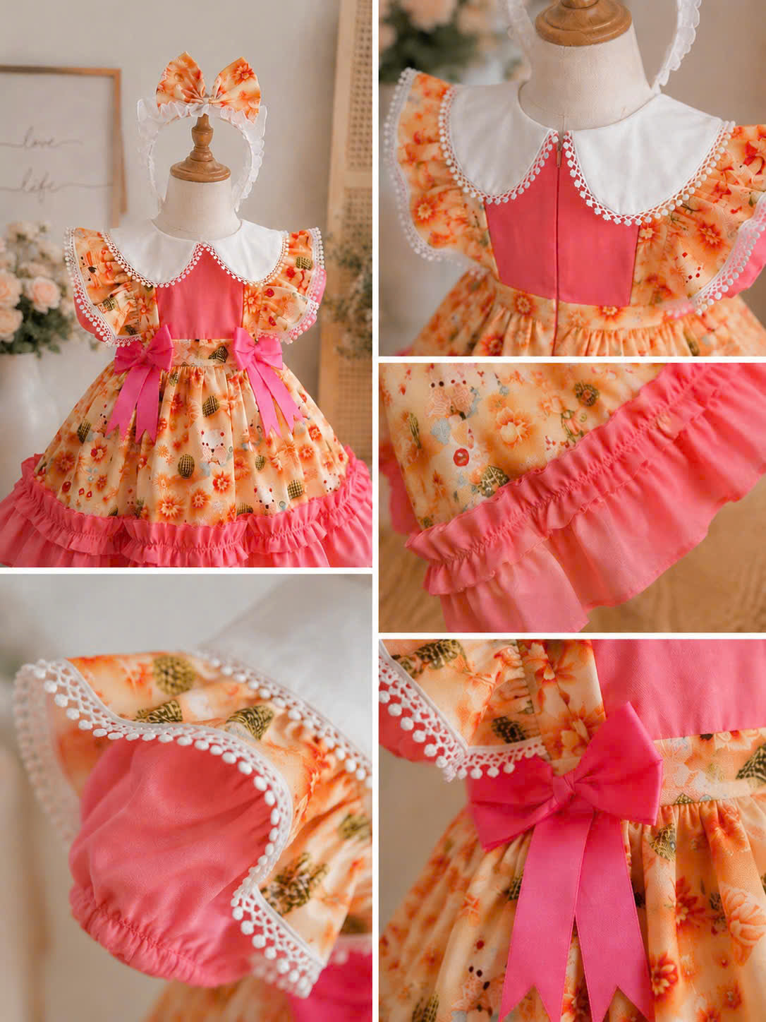Teddy Bloom Lolita Dress 6M–3Y | Pastel Floral Baby Dress with Headband | Birthday & Photoshoot Outfit