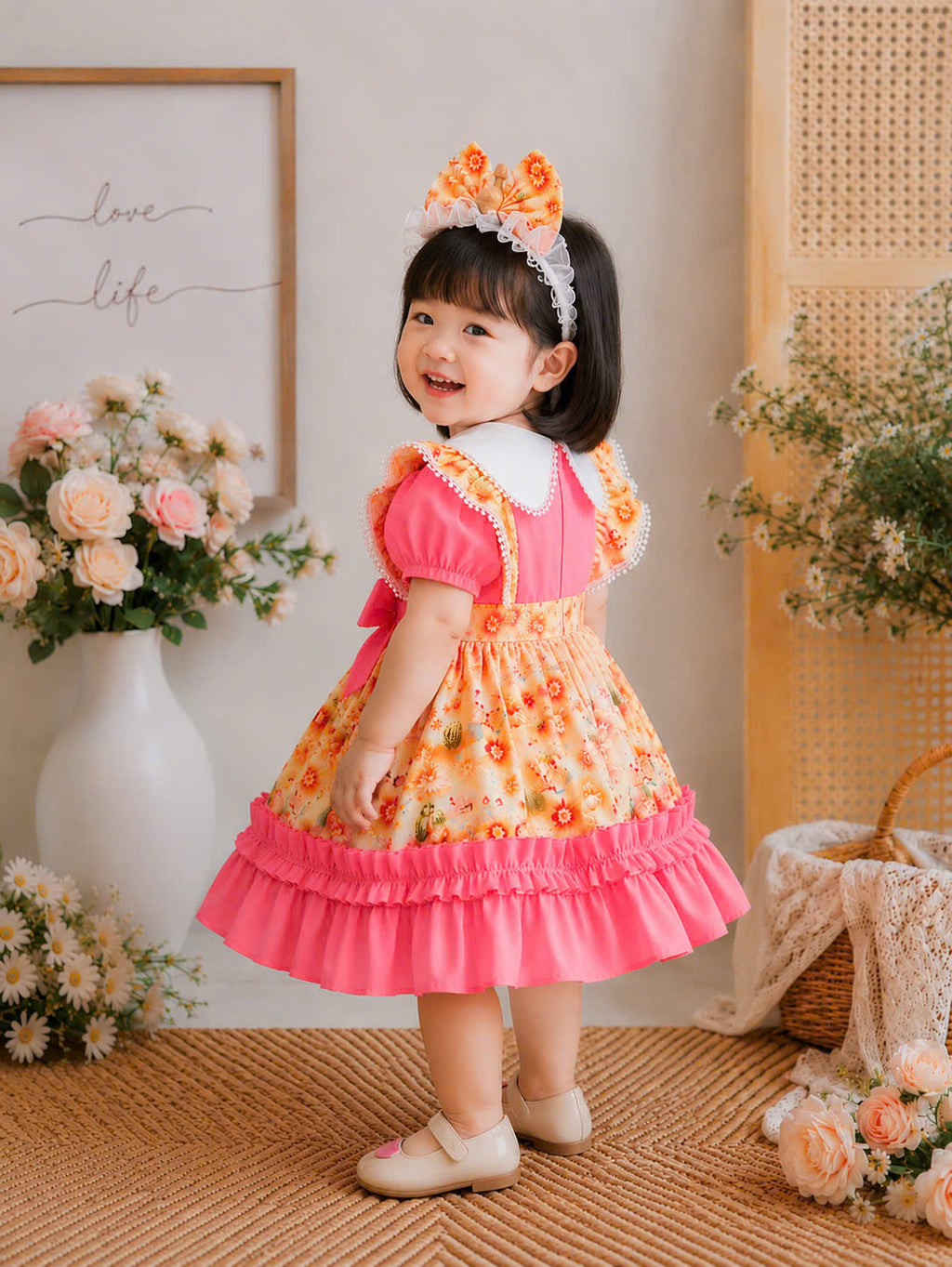 Teddy Bloom Lolita Dress 6M–3Y | Pastel Floral Baby Dress with Headband | Birthday & Photoshoot Outfit