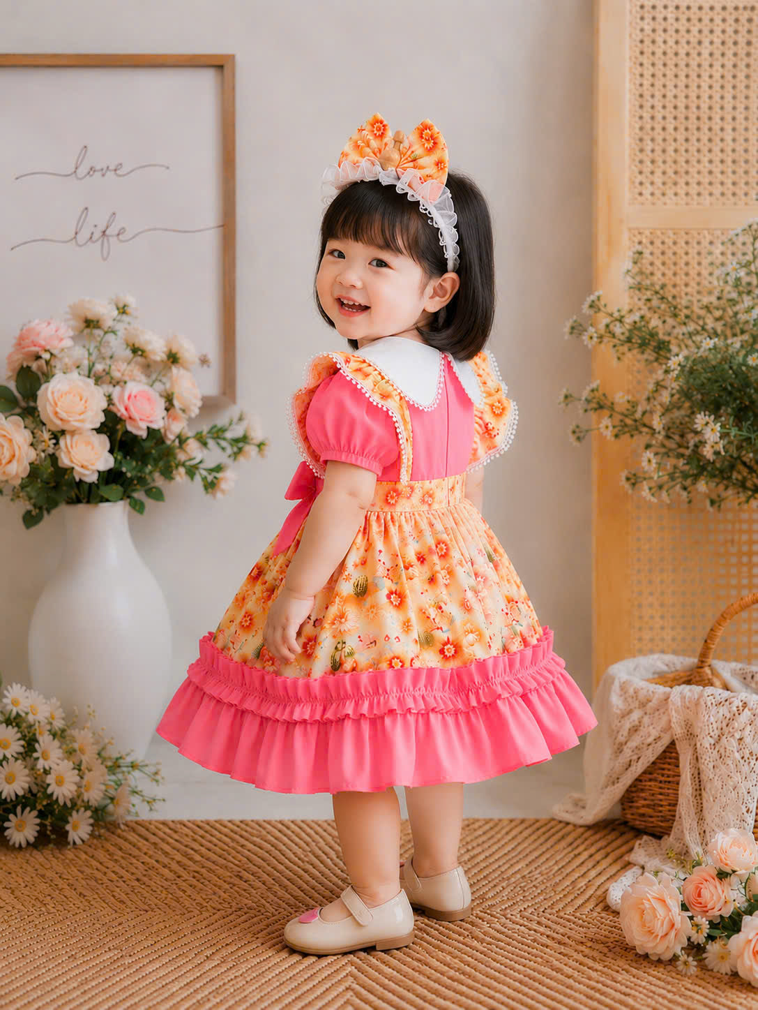 Teddy Bloom Lolita Dress 6M–3Y | Pastel Floral Baby Dress with Headband | Birthday & Photoshoot Outfit