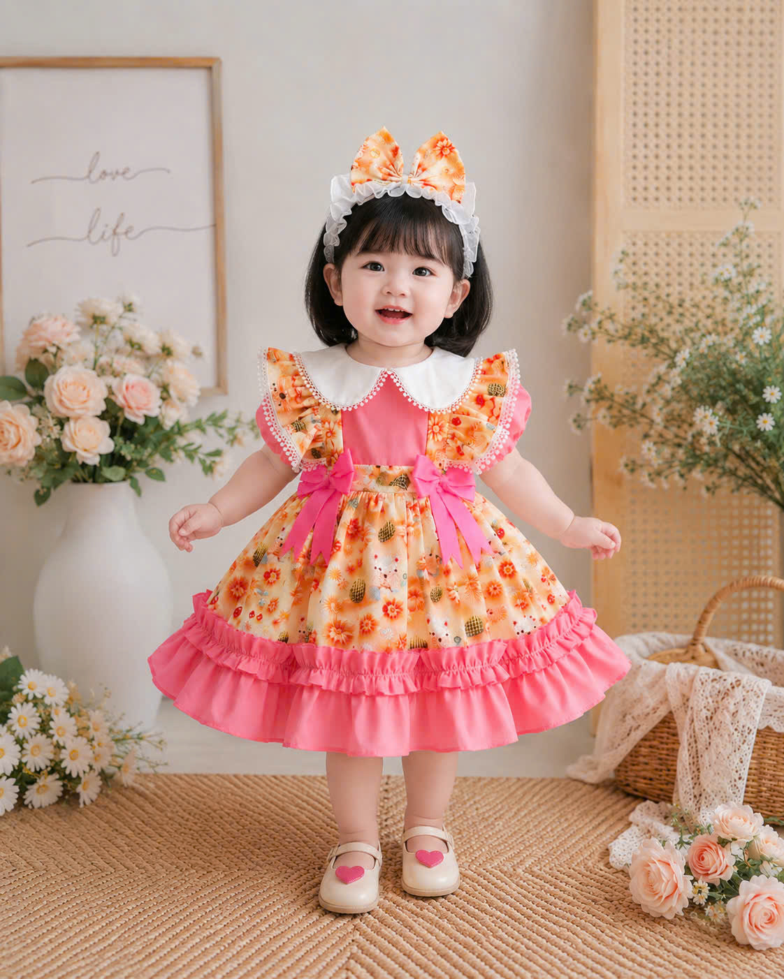 Teddy Bloom Lolita Dress 6M–3Y | Pastel Floral Baby Dress with Headband | Birthday & Photoshoot Outfit