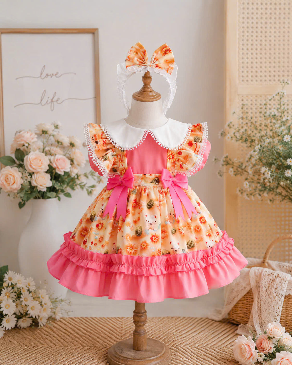 Teddy Bloom Lolita Dress 6M–3Y | Pastel Floral Baby Dress with Headband | Birthday & Photoshoot Outfit