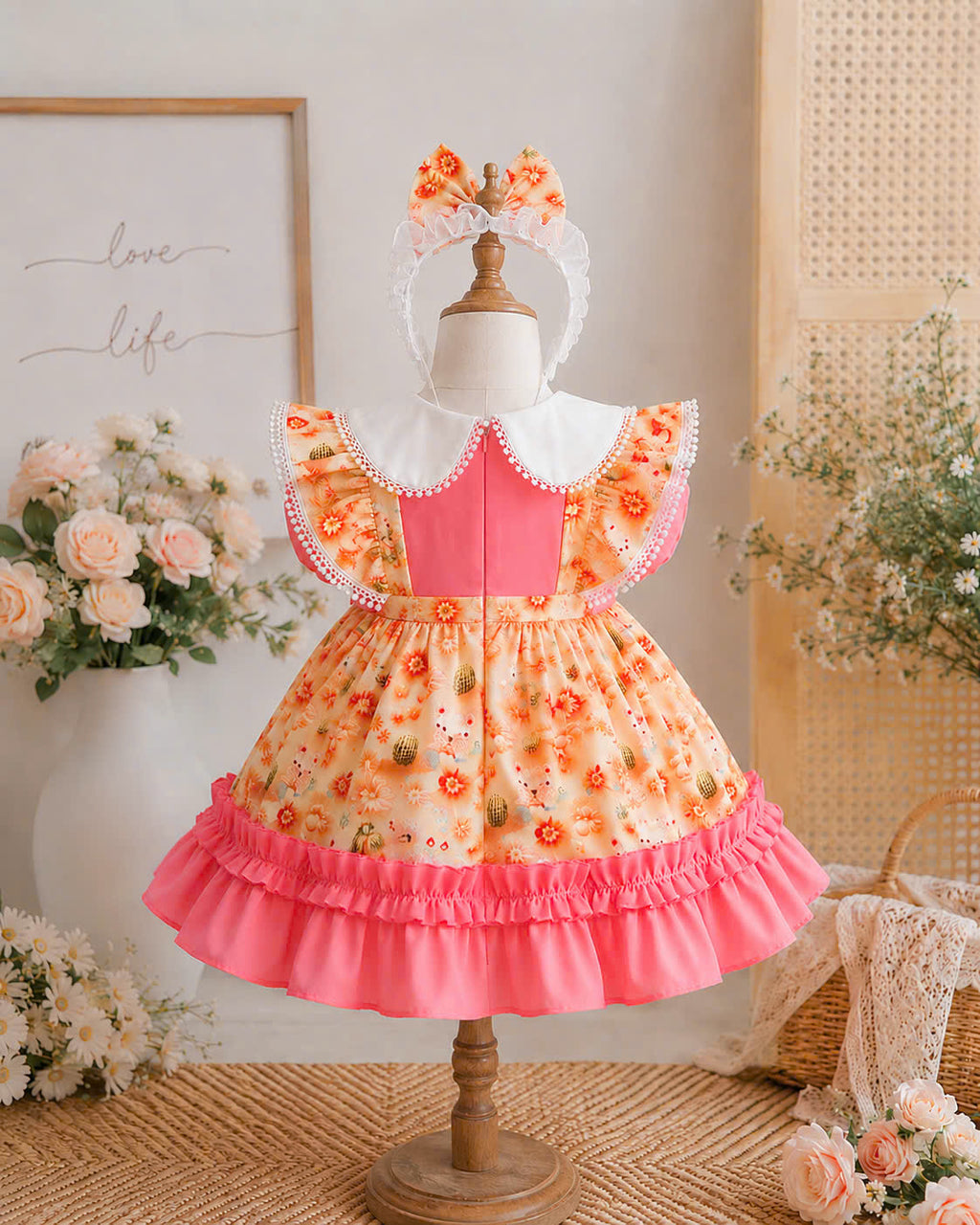 Teddy Bloom Lolita Dress 6M–3Y | Pastel Floral Baby Dress with Headband | Birthday & Photoshoot Outfit