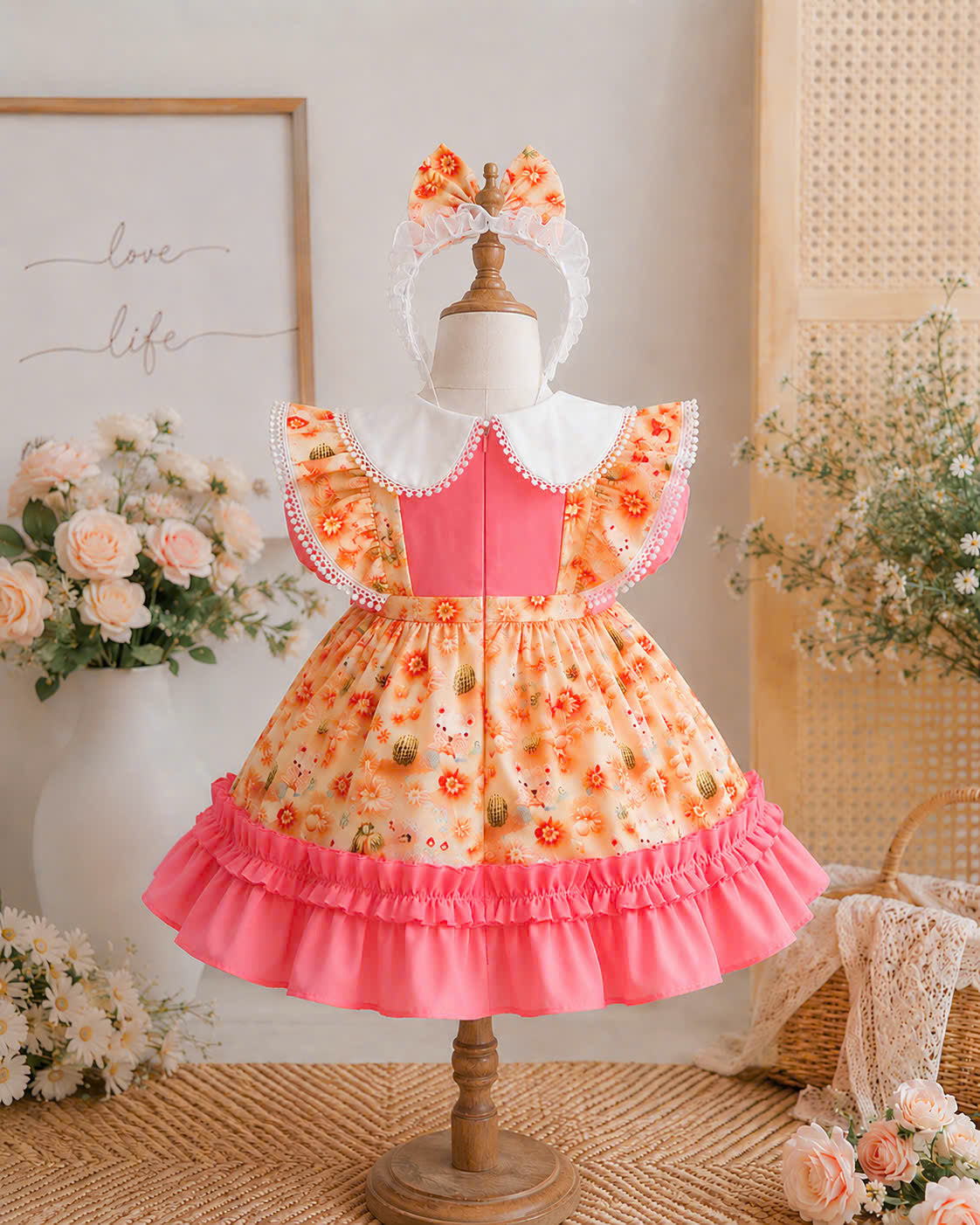 Teddy Bloom Lolita Dress 6M–3Y | Pastel Floral Baby Dress with Headband | Birthday & Photoshoot Outfit