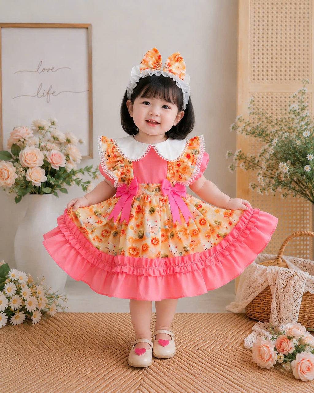 Teddy Bloom Lolita Dress 6M–3Y | Pastel Floral Baby Dress with Headband | Birthday & Photoshoot Outfit
