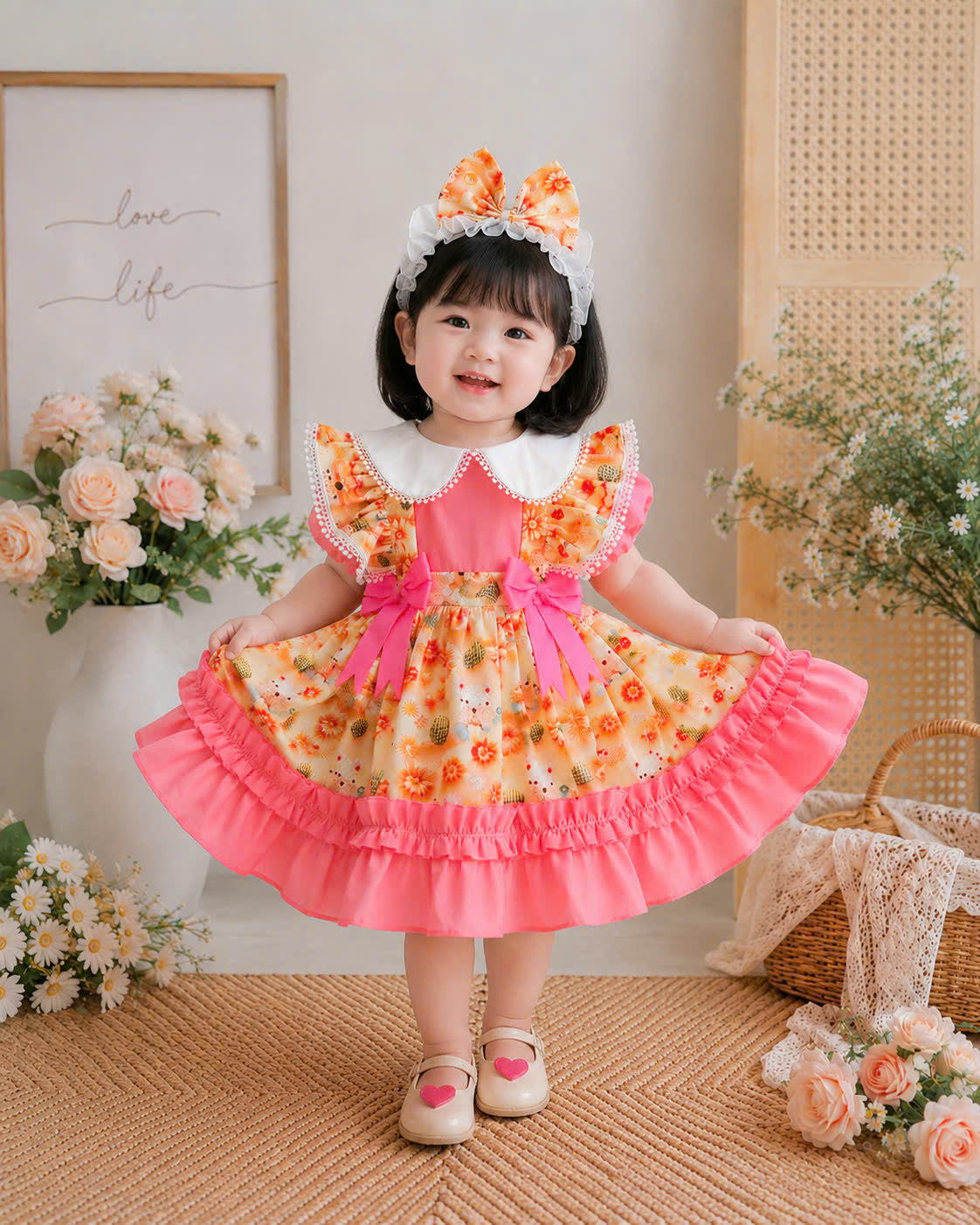 Teddy Bloom Lolita Dress 6M–3Y | Pastel Floral Baby Dress with Headband | Birthday & Photoshoot Outfit