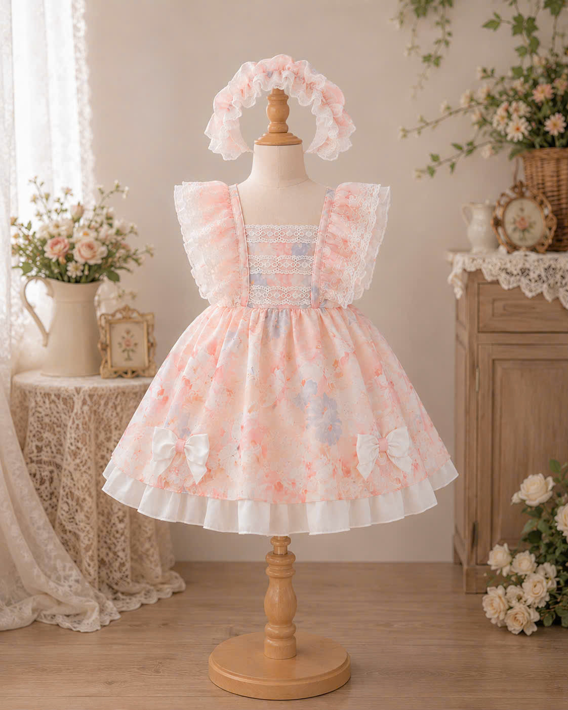 Spring Blossom Baby Dress 3M–3Y | Watercolour Floral Dress with Bloomers & Headband | Photoshoot Outfit