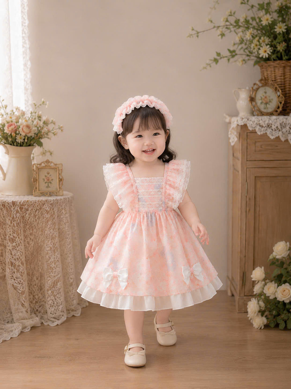 Spring Blossom Baby Dress 3M–3Y | Watercolour Floral Dress with Bloomers & Headband | Photoshoot Outfit