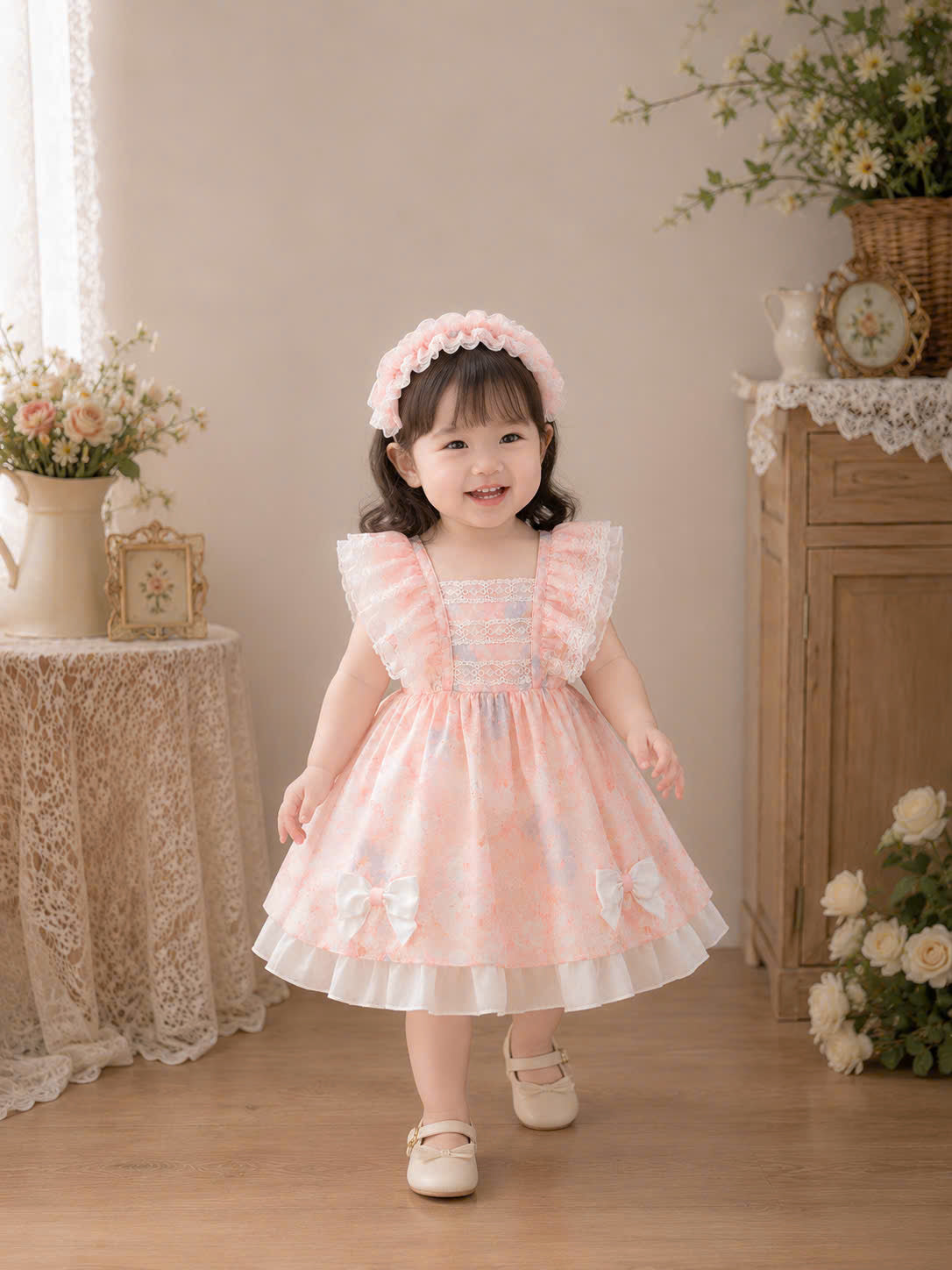 Spring Blossom Baby Dress 3M–3Y | Watercolour Floral Dress with Bloomers & Headband | Photoshoot Outfit