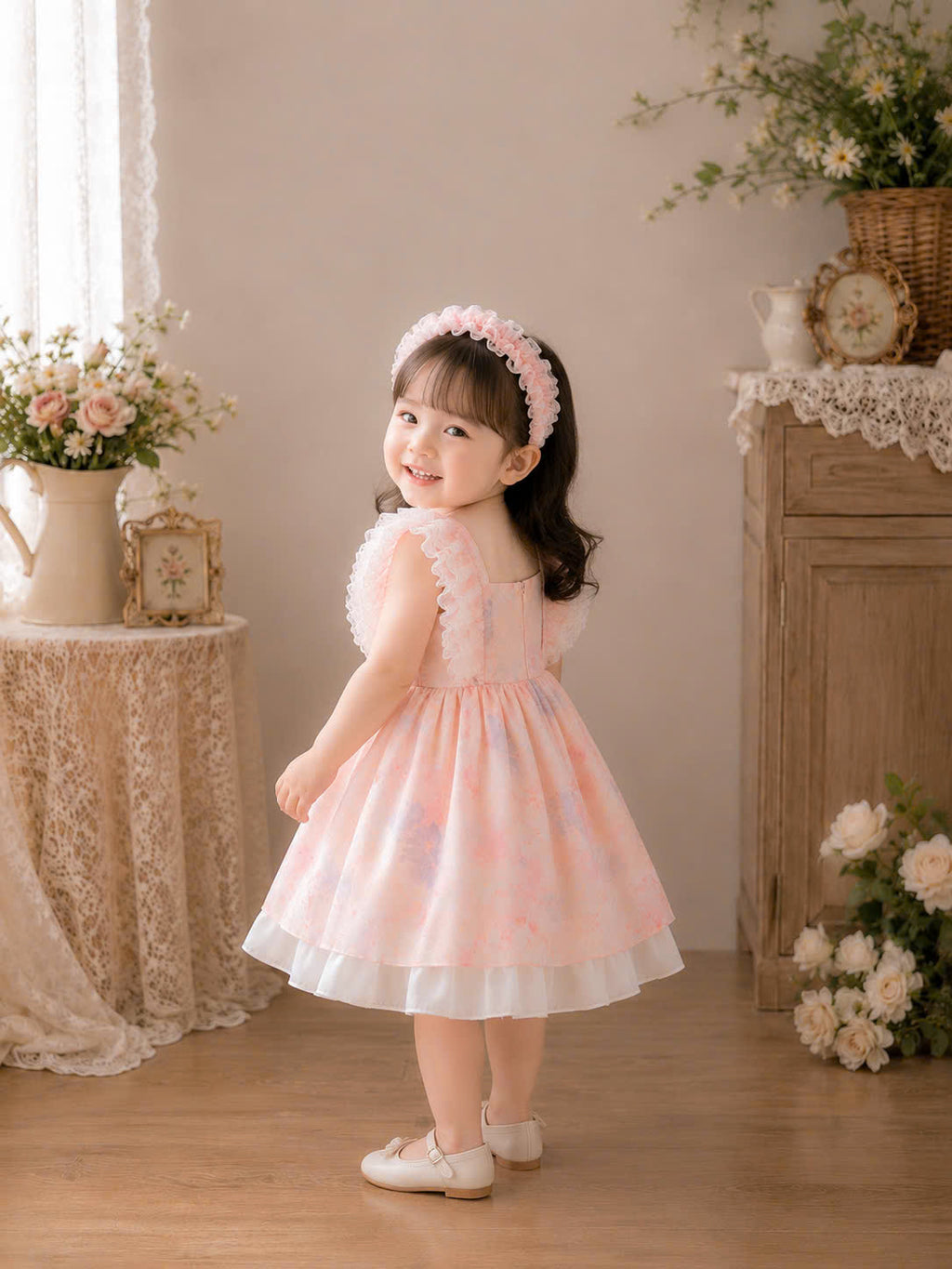 Spring Blossom Baby Dress 3M–3Y | Watercolour Floral Dress with Bloomers & Headband | Photoshoot Outfit