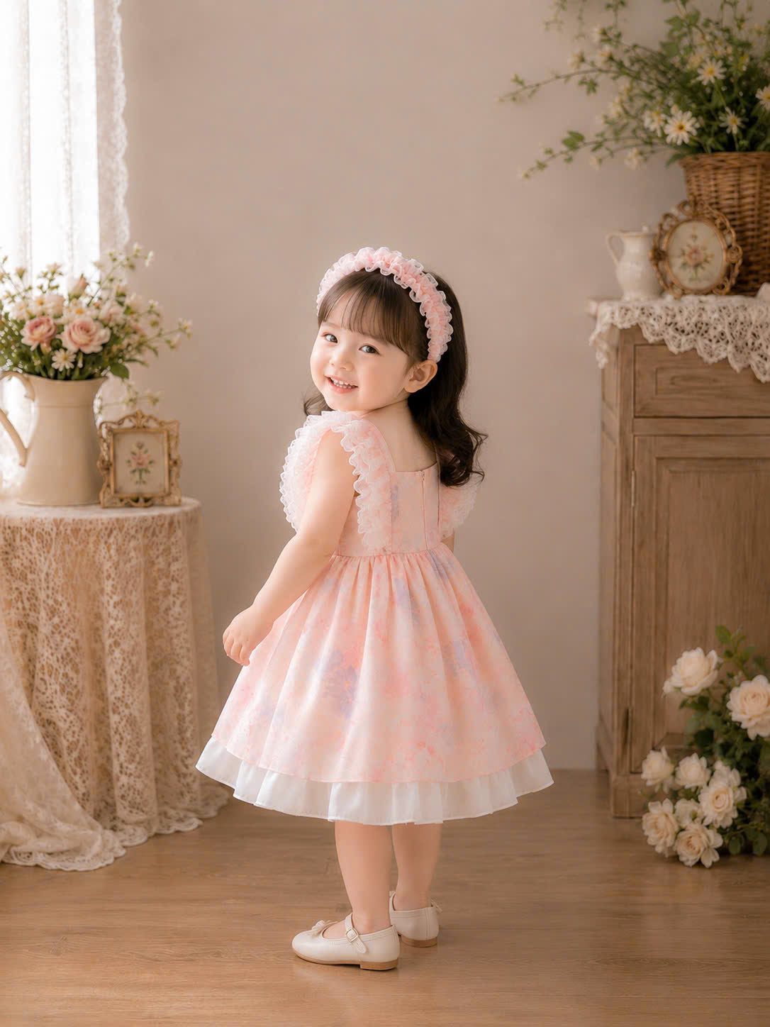 Spring Blossom Baby Dress 3M–3Y | Watercolour Floral Dress with Bloomers & Headband | Photoshoot Outfit