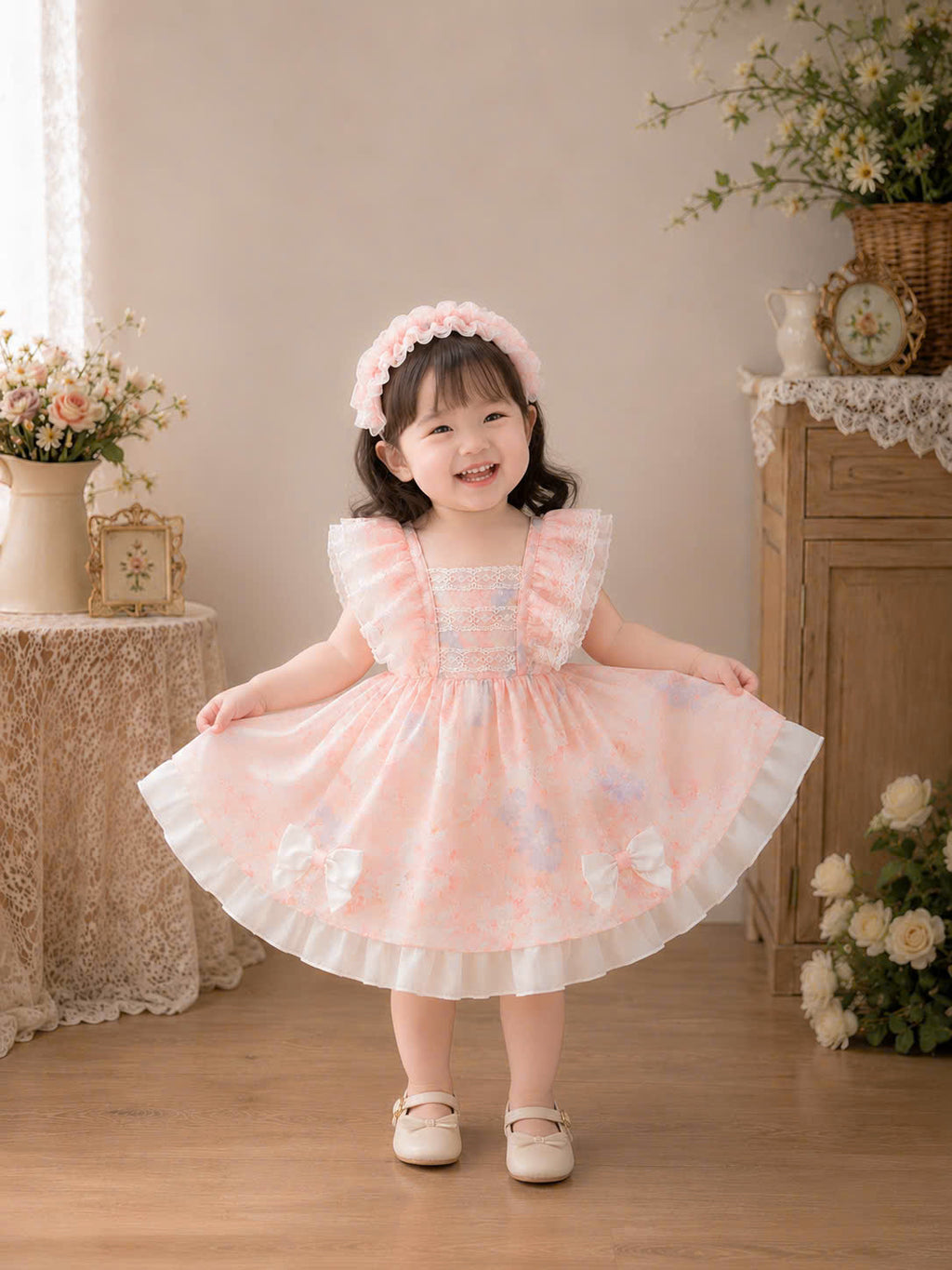 Spring Blossom Baby Dress 3M–3Y | Watercolour Floral Dress with Bloomers & Headband | Photoshoot Outfit