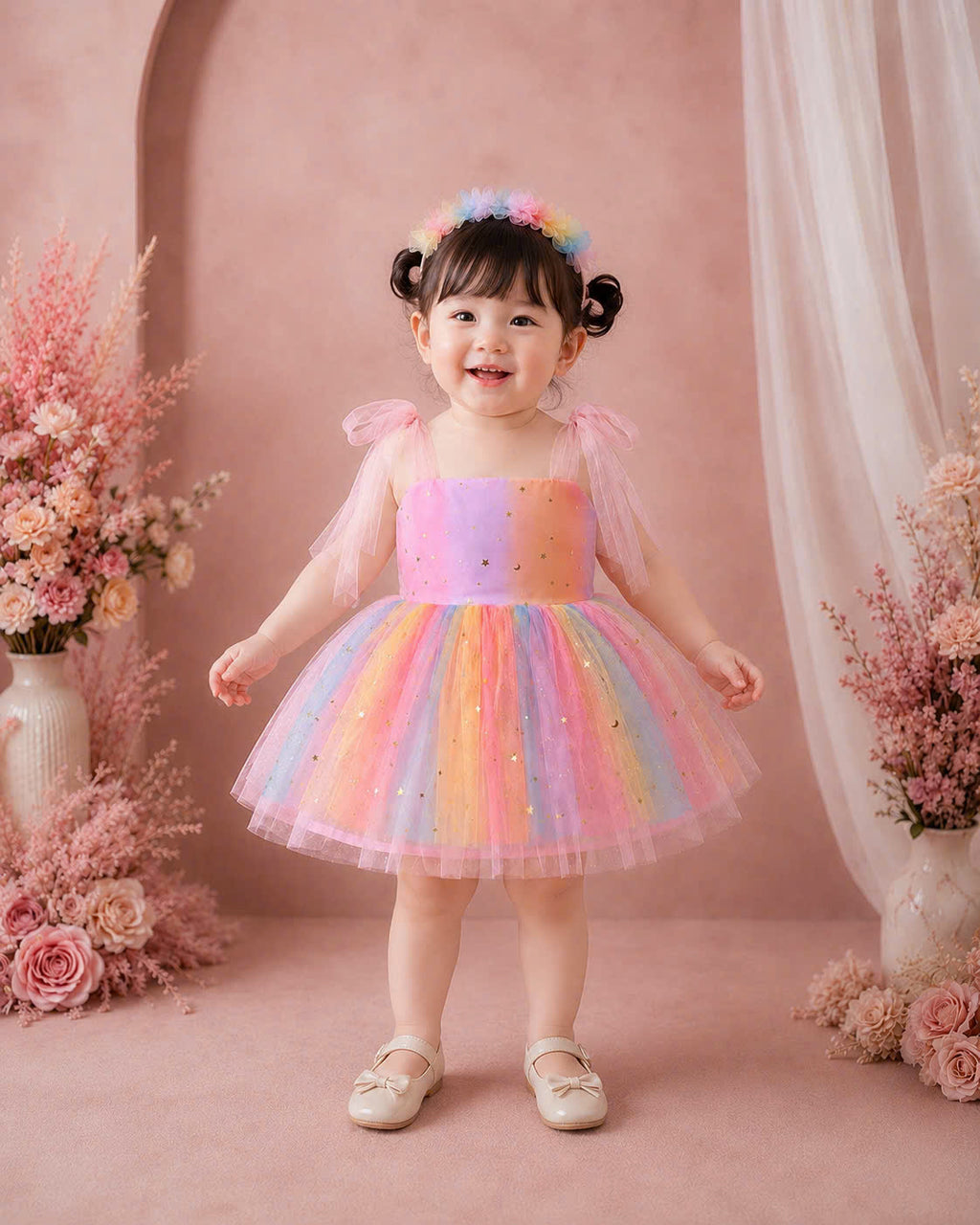Starlight Rainbow Lolita Dress 0–2Y | Pastel Unicorn Tulle Baby Dress with Hair Clip | Birthday & Photoshoot Outfit