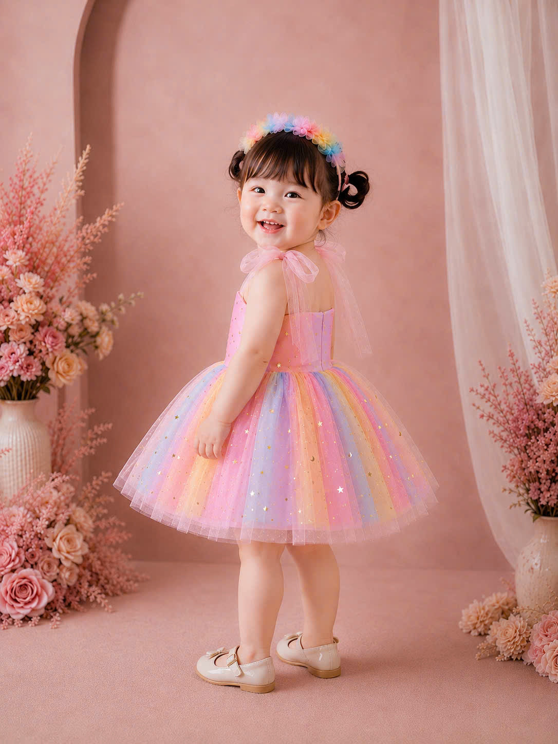 Starlight Rainbow Lolita Dress 0–2Y | Pastel Unicorn Tulle Baby Dress with Hair Clip | Birthday & Photoshoot Outfit