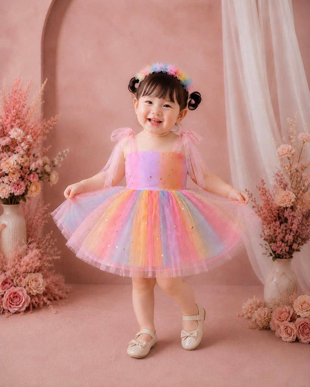 Starlight Rainbow Lolita Dress 0–2Y | Pastel Unicorn Tulle Baby Dress with Hair Clip | Birthday & Photoshoot Outfit