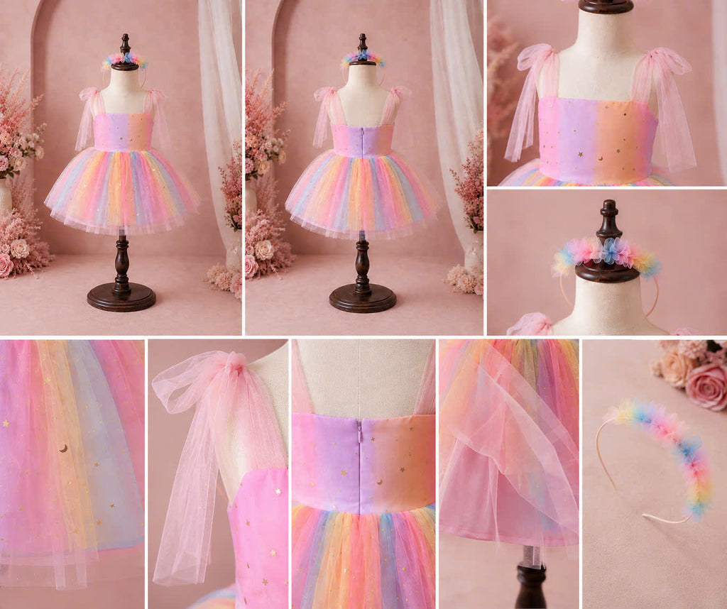 Starlight Rainbow Lolita Dress 0–2Y | Pastel Unicorn Tulle Baby Dress with Hair Clip | Birthday & Photoshoot Outfit