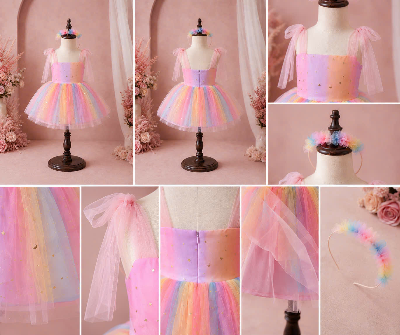 Starlight Rainbow Lolita Dress 0–2Y | Pastel Unicorn Tulle Baby Dress with Hair Clip | Birthday & Photoshoot Outfit