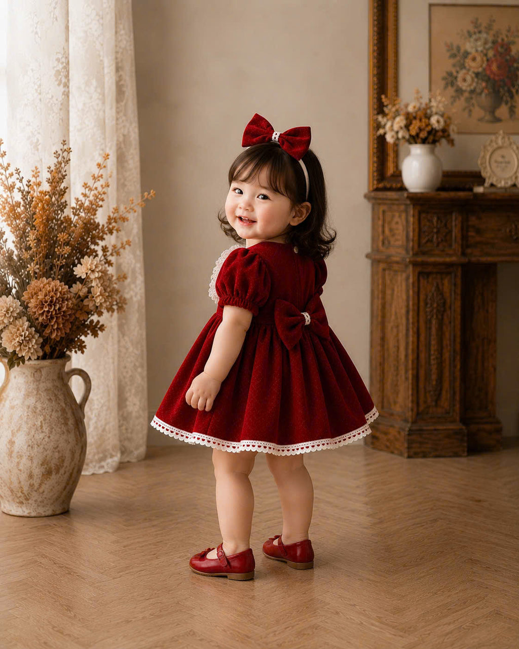 Little Holly Charm Dress 3M-2Y | Festive Red Baby Dress with Bow | Party & Photoshoot Outfit
