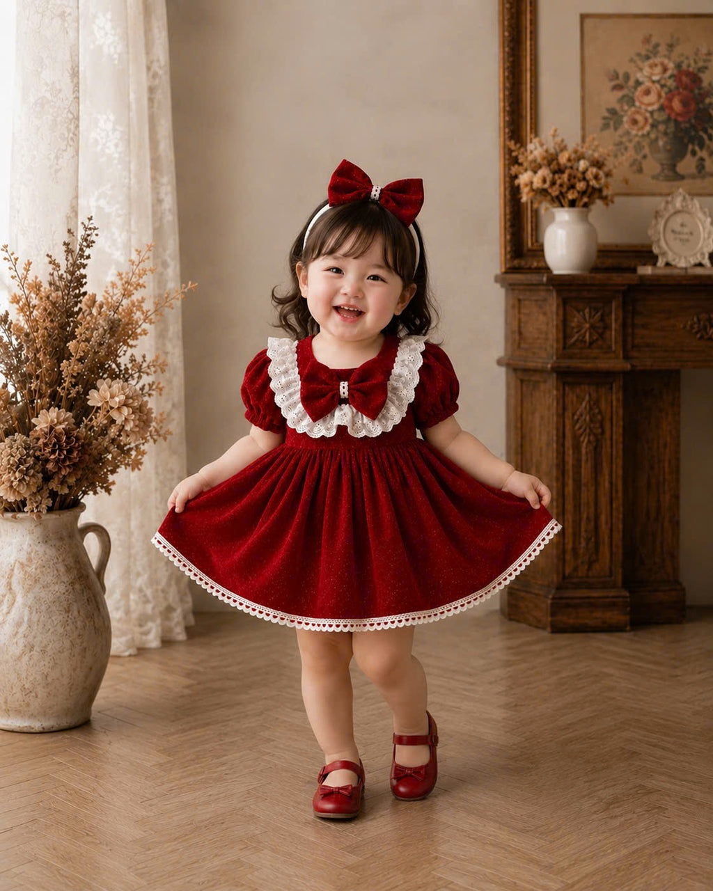 Little Holly Charm Dress 3M-2Y | Festive Red Baby Dress with Bow | Party & Photoshoot Outfit