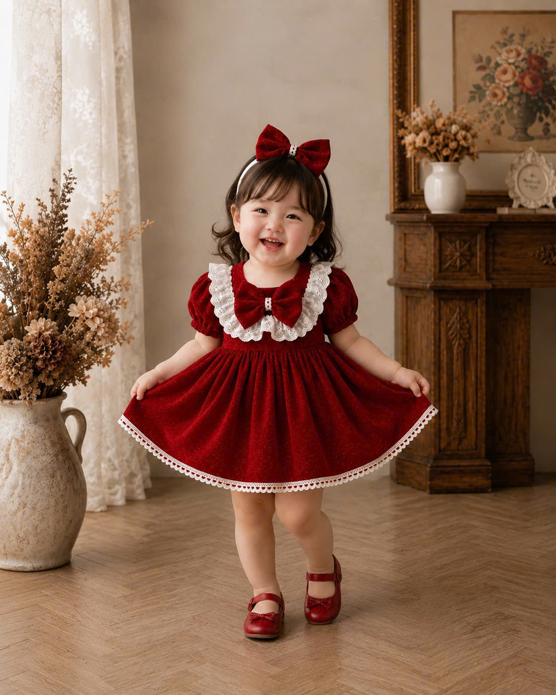 Little Holly Charm Dress 3M-2Y | Festive Red Baby Dress with Bow | Party & Photoshoot Outfit