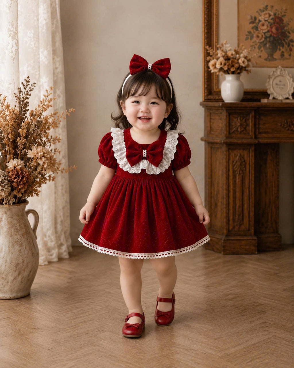 Little Holly Charm Dress 3M-2Y | Festive Red Baby Dress with Bow | Party & Photoshoot Outfit