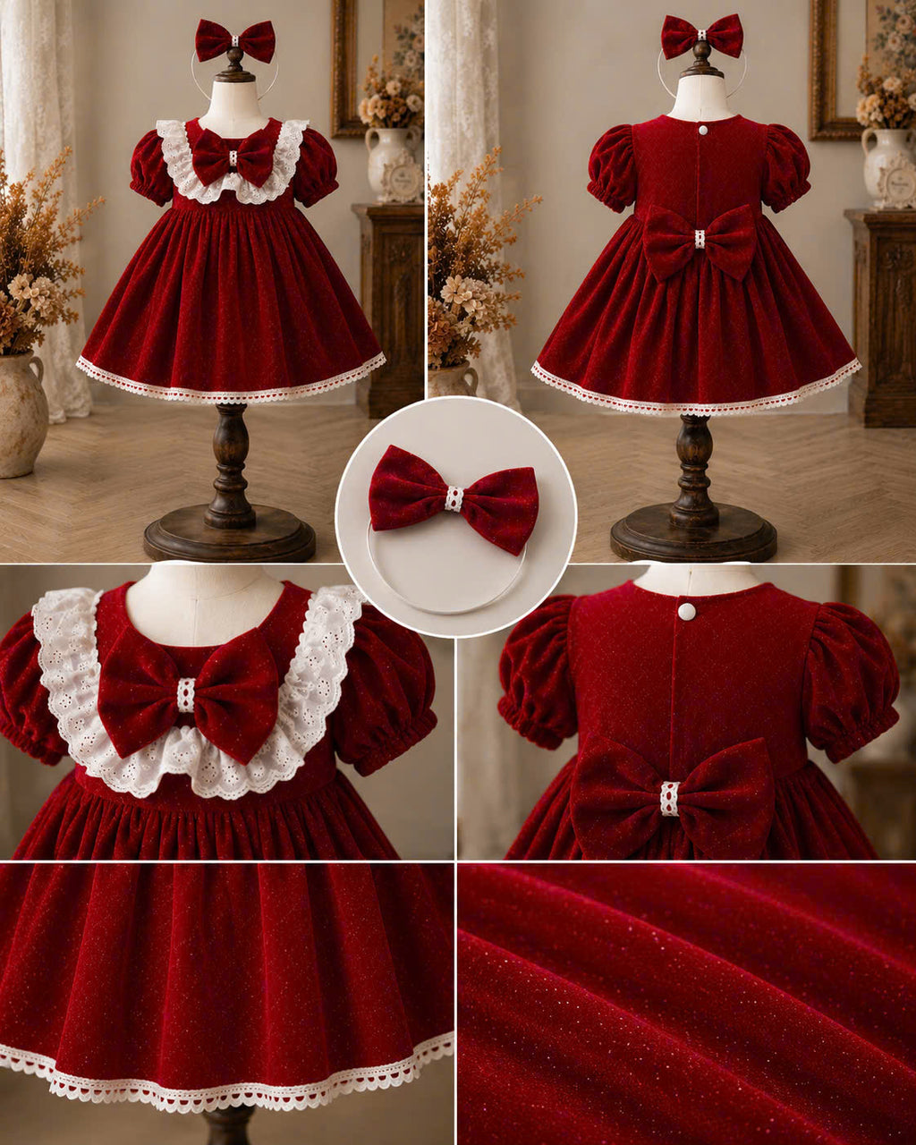 Little Holly Charm Dress 3M-2Y | Festive Red Baby Dress with Bow | Party & Photoshoot Outfit