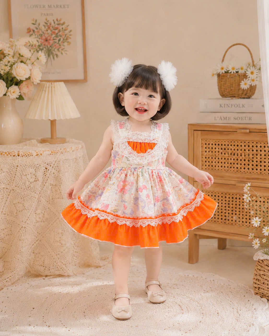 Sweet Whimsy Lolita Dress 0-2Y | Storybook Baby Dress with Pom Pom Hair Clips | Birthday & Photoshoot Outfit